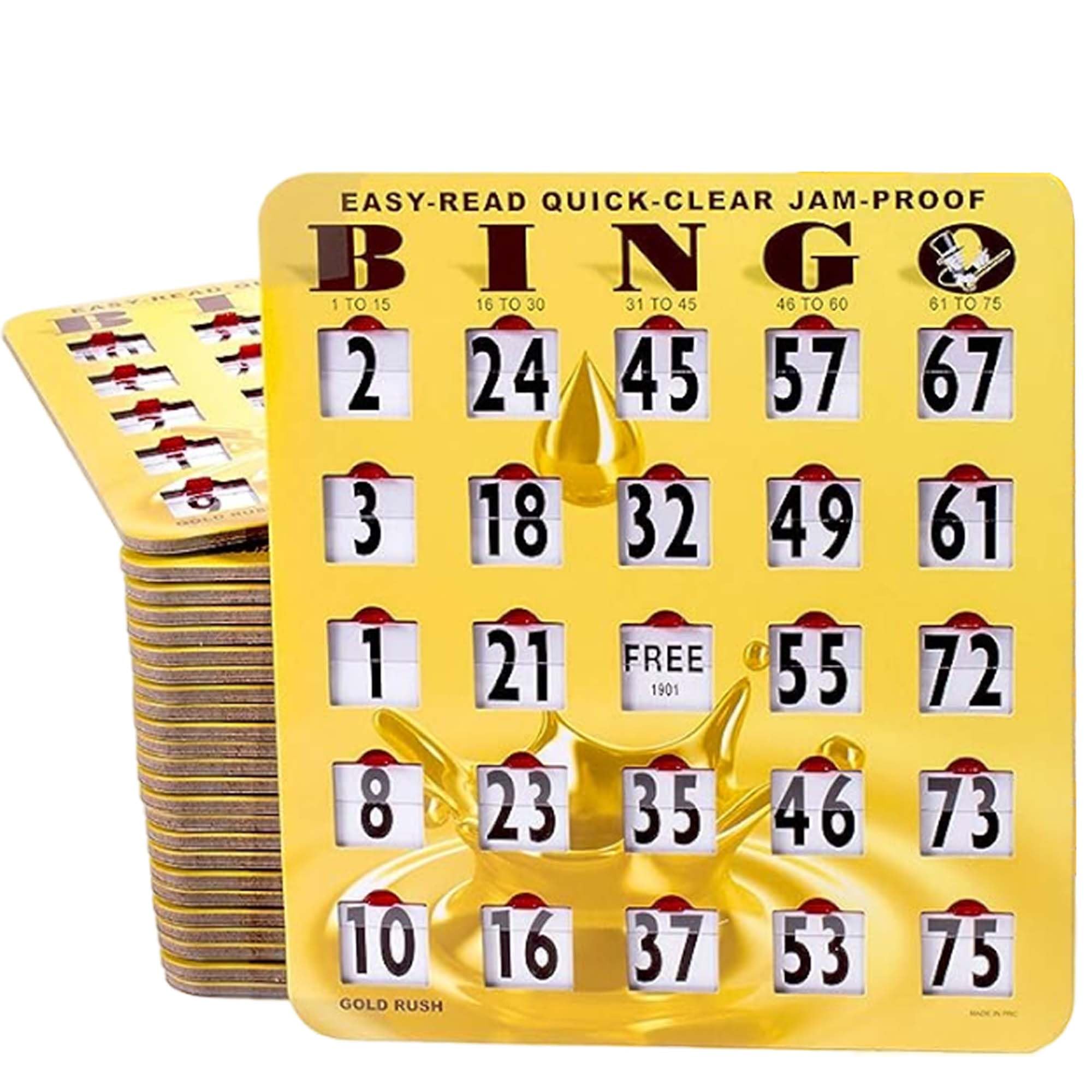 MR CHIPS Large Print Bingo Cards with Sliding Windows - Jam-Proof, Easy-Read, Quick-Clear Fingertip Slide Design - 50 Pack Gold Rush Style for Bingo Games, Parties, and Family Gatherings