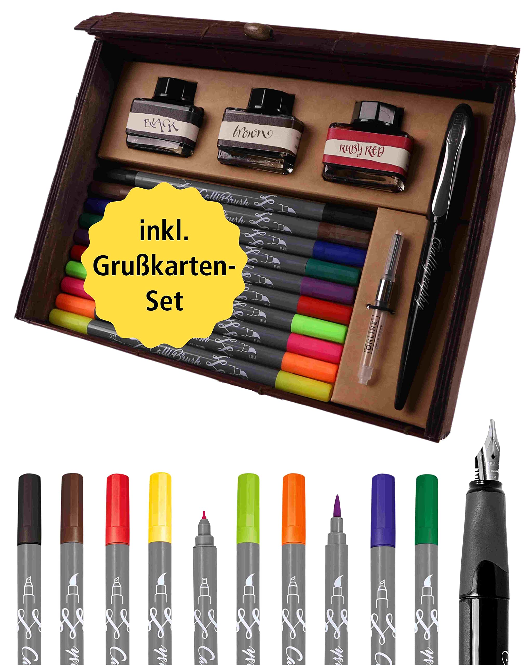 Premium Calligraphy Set for Beginners & Professionals - 1.4mm Fountain Pen, 10 Dual-Tip Brush Pens, 3 Ink Bottles, Converter & Greeting Cards - Perfect for Hand Lettering, Wedding Invitations, DIY Cards & Artistic Writing (Black, 81159)