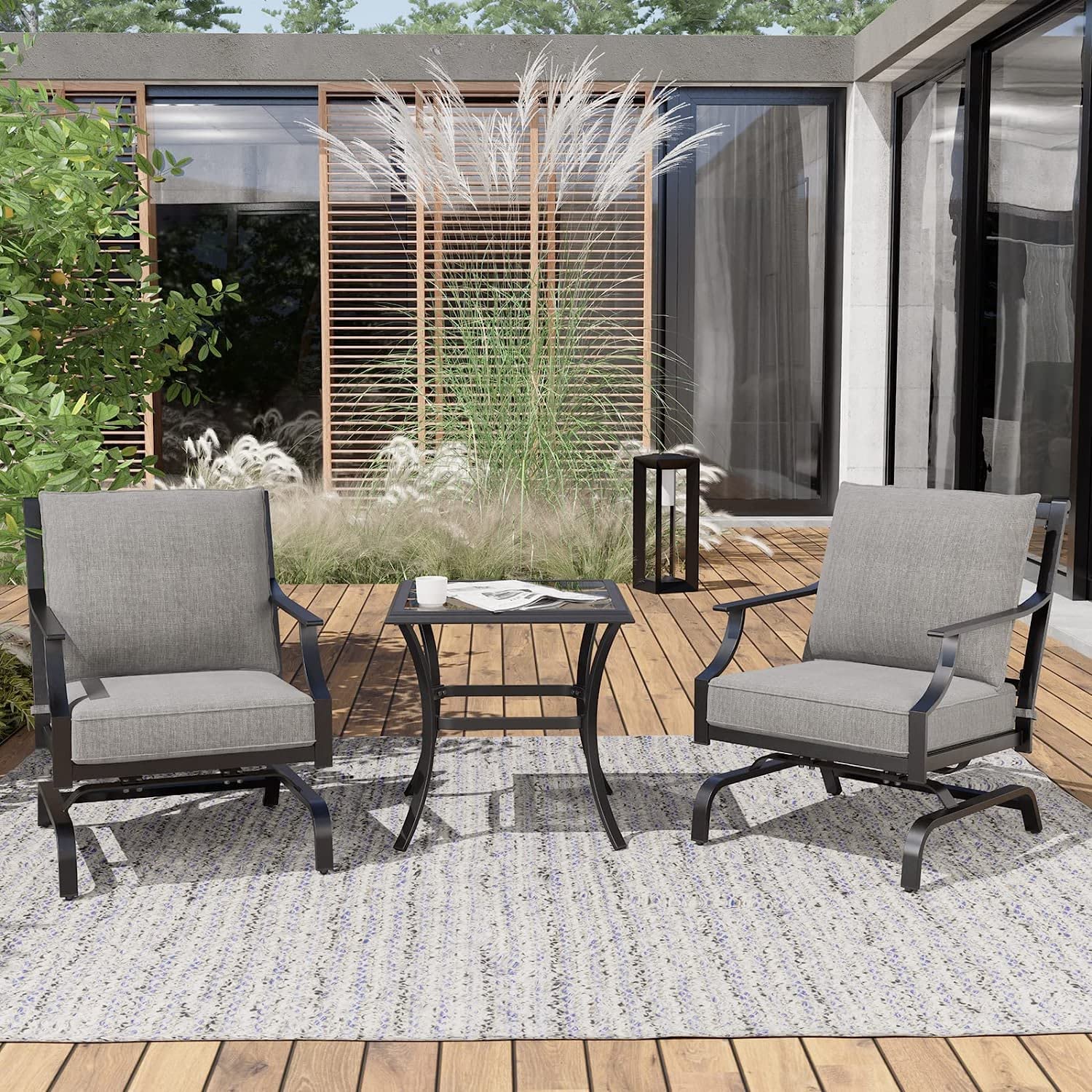 3-Piece Outdoor Patio Furniture Set with Glider Rocking Chairs, Gray Cushions & Square Coffee Table - Perfect for Garden, Lawn, Poolside & Backyard Relaxation