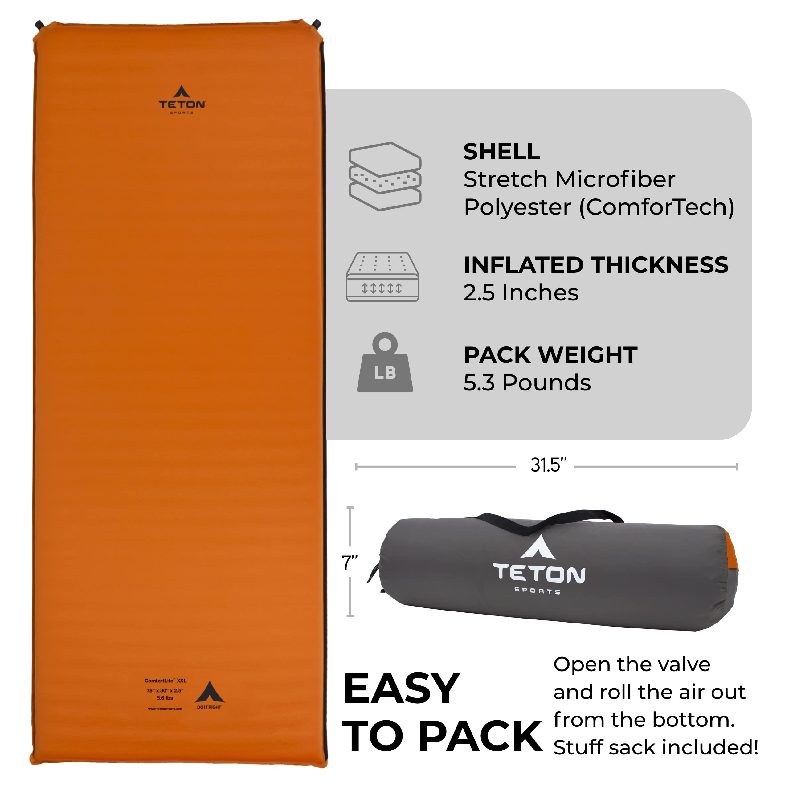 Teton Sports Inflatable Sleeping Pad - Lightweight Camping Mat for Backpacking, Hiking & Outdoor Adventures | Perfect for Tents, RVs & Travel