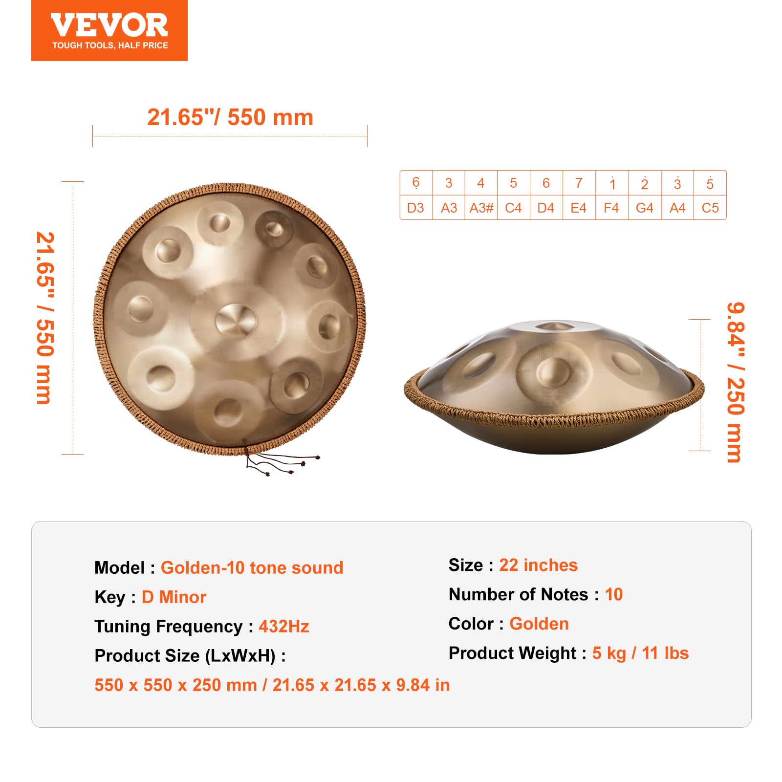 VEVOR 22-inch Handpan Drum in D Minor - 10 Notes Steel Hand Pan with Mallets, 432Hz Tuning, Stand & Carry Bag - Professional Percussion Instrument for Adults & Beginners - Perfect for Meditation, Yoga, Music Therapy & Outdoor Performances