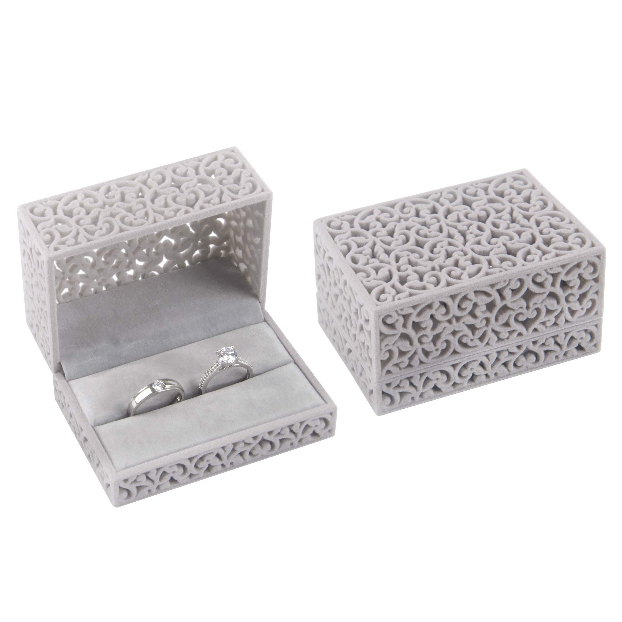 DesignSter Double Ring Bearer Box - Hollow Velvet Wedding Ring Holder for Ceremony (Gray) | Perfect for Ring Exchange, Proposal, Vow Renewal & Bridal Accessories