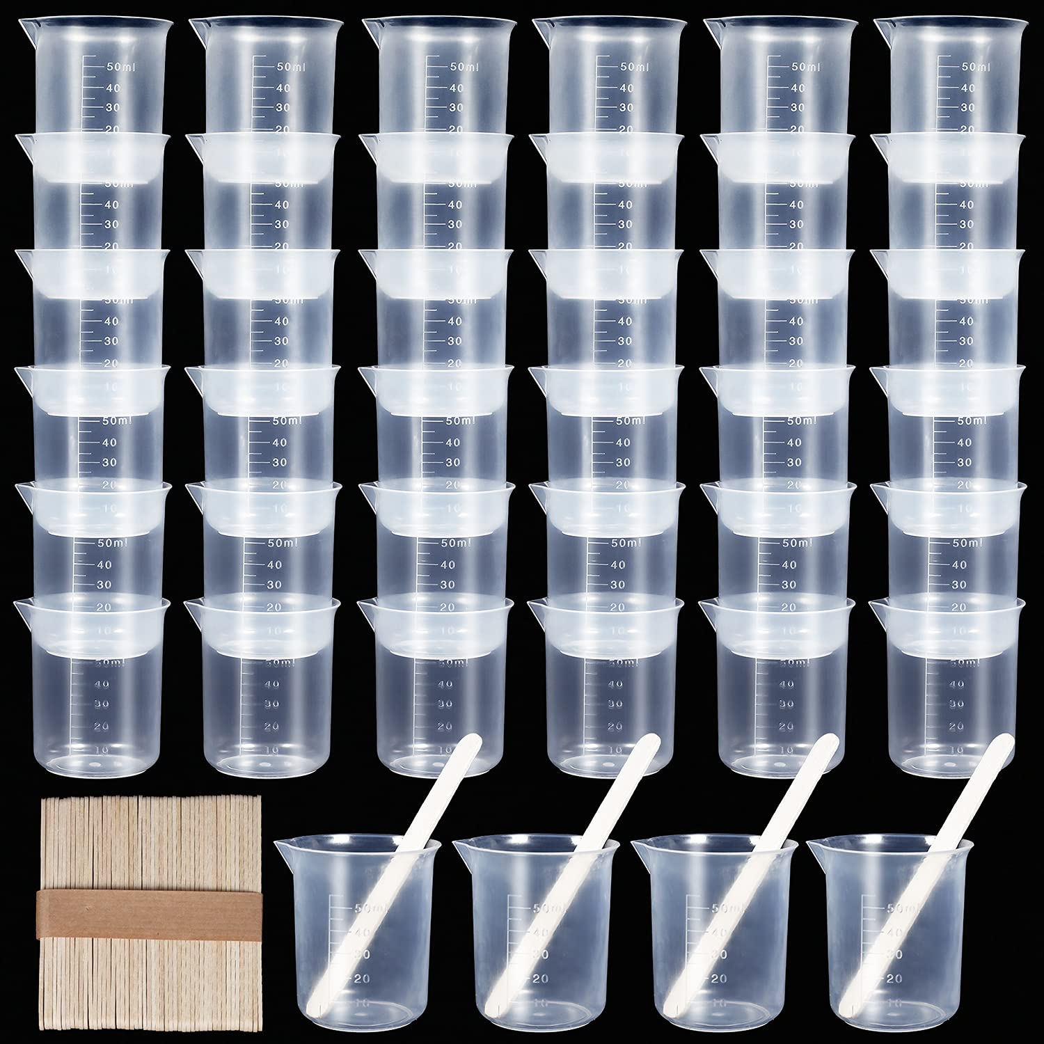 40-Piece 50ML Reusable Resin Measuring Cups with 50 Wooden Stir Sticks - Epoxy Mixing Kit for Resin Art, DIY Crafts, Painting & Lab Use - Durable Plastic Beakers for Precise Measuring & Stirring