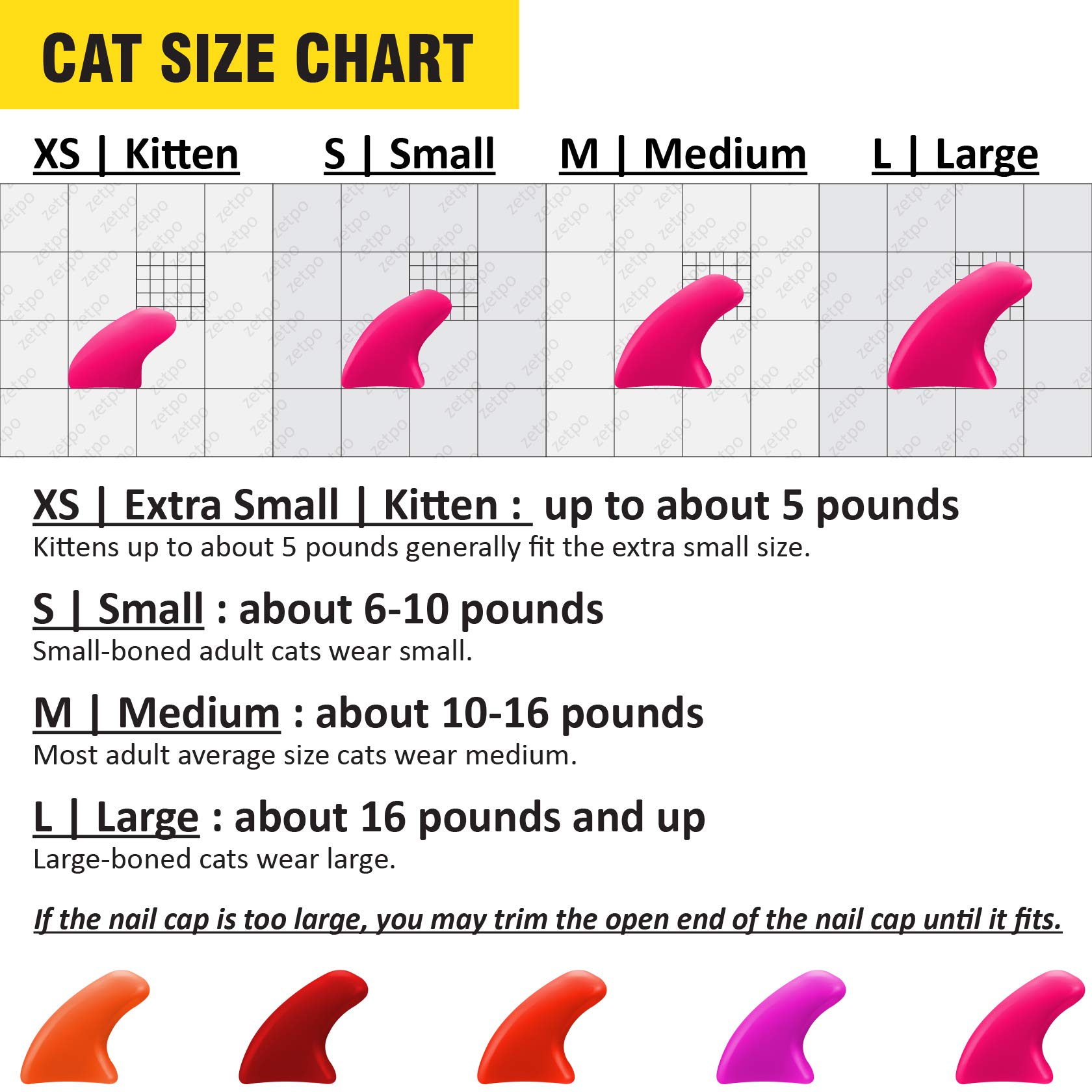 Zetpo 100 PCS Cat Nail Caps - Soft Pet Claw Covers with Adhesive Glue & Applicator Tool (Size M, Orange, Red, Neon Red, Bright Pink, Rose) - Safe Nail Protectors for Furniture & Skin Protection - Perfect for Indoor Cats & Multi-Cat Households