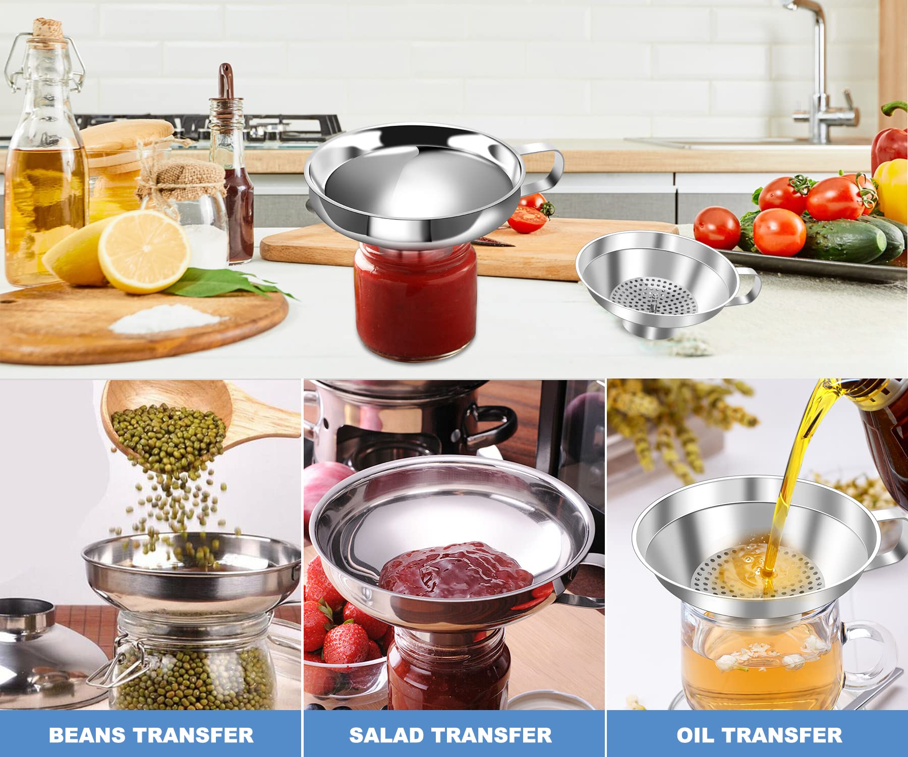 Stainless Steel Canning Funnel Set - 2 Pack (Small & Large) Wide Mouth Kitchen Funnel for Mason Jars, Bottles & Food Preservation - Perfect for Home Canning, Jam Making & DIY Liquor Bottling