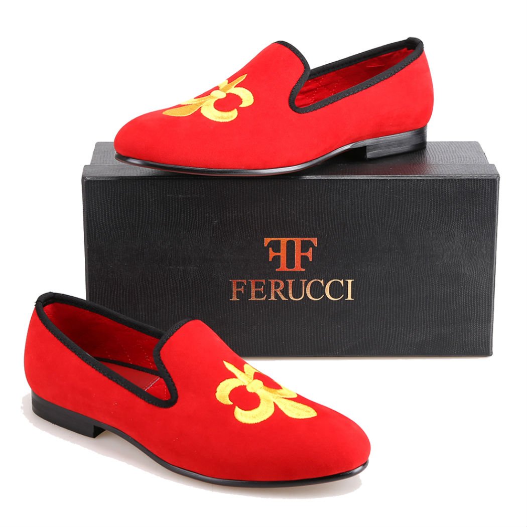 FERUCCI Handmade Men's Red Velvet Loafers with Gold Fleur de Lis - Luxurious House Slippers for Indoor Comfort & Elegant Lounge Wear