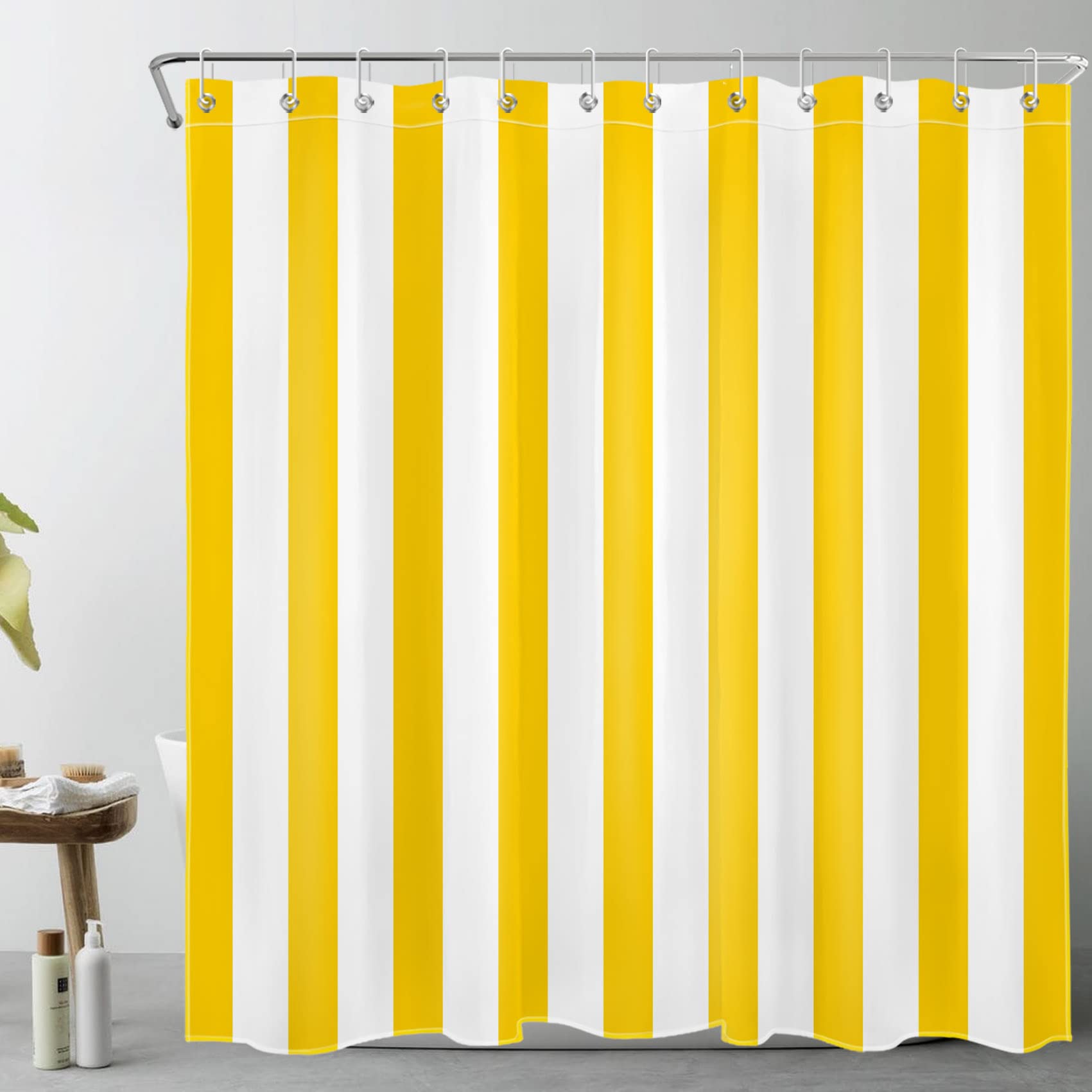 HVEST Yellow and White Striped Shower Curtain - 72x72 Inch Modern Minimalist Bathroom Decor with Hooks | Waterproof Polyester Fabric for Stylish Bathroom Upgrade - Perfect for Contemporary Homes & Guest Bathrooms