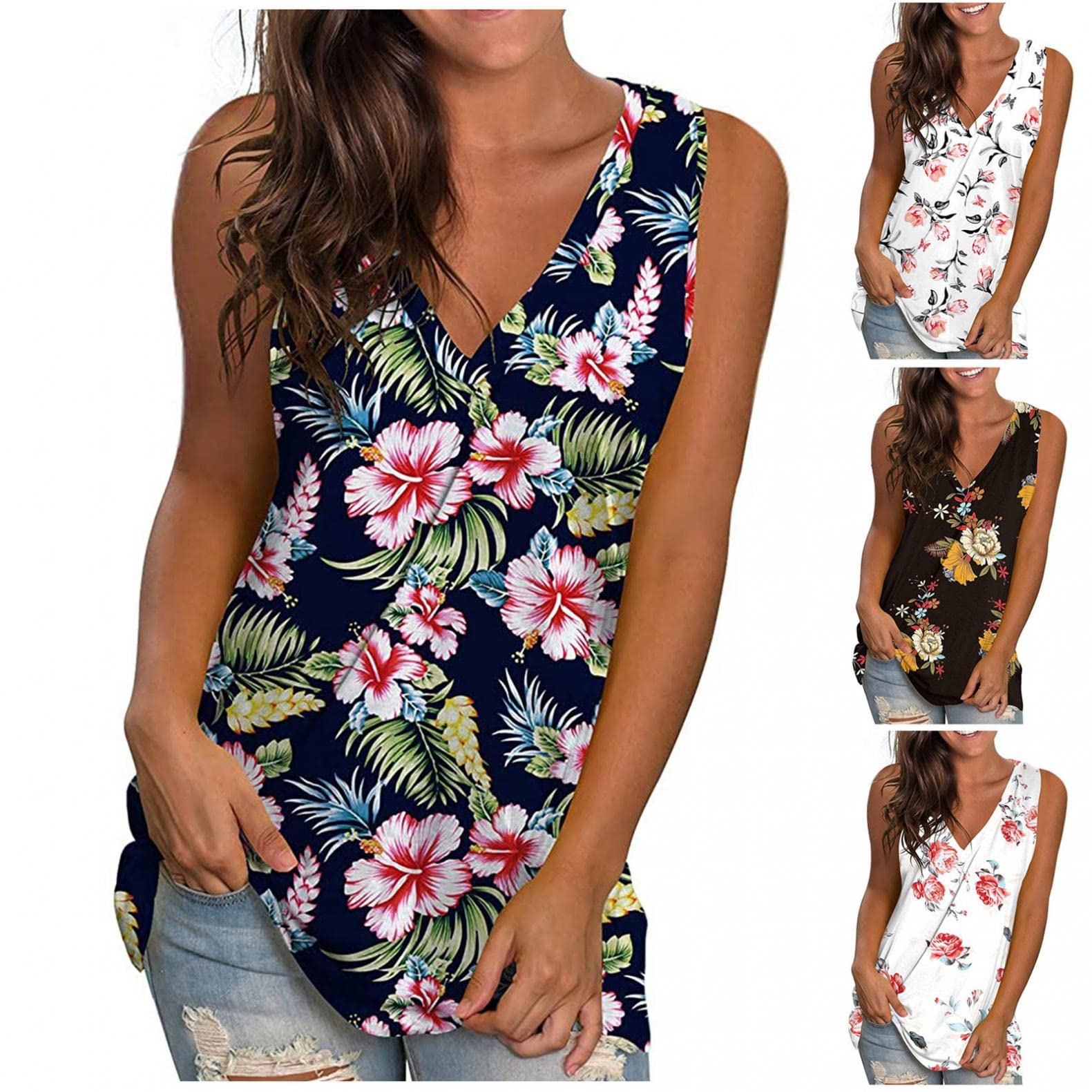 FABIURT Women's Summer Sleeveless V-Neck Floral T-Shirt - Loose Fit Casual Blouse for Women - Perfect for Beach, Vacation, and Everyday Wear