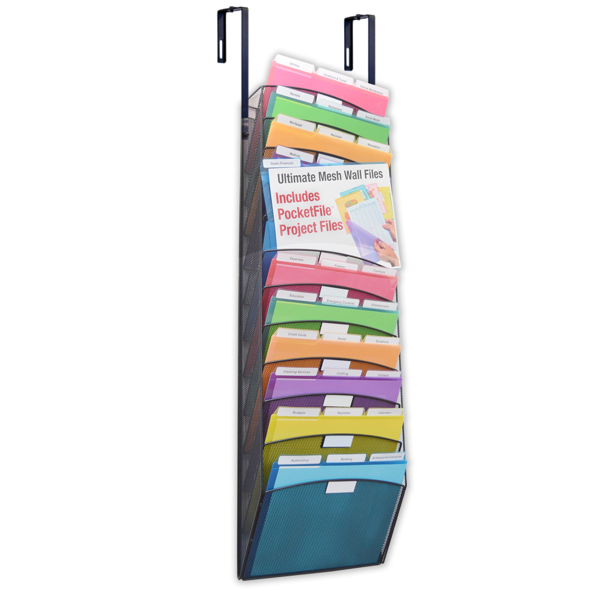 12-Tier Mesh Wall File Organizer for Office Cubicles - High Capacity Over-the-Panel Partition Display Rack with 18 PocketFiles™ (Black) - Perfect for Organizing Documents, Mail & Office Supplies in Small Workspaces