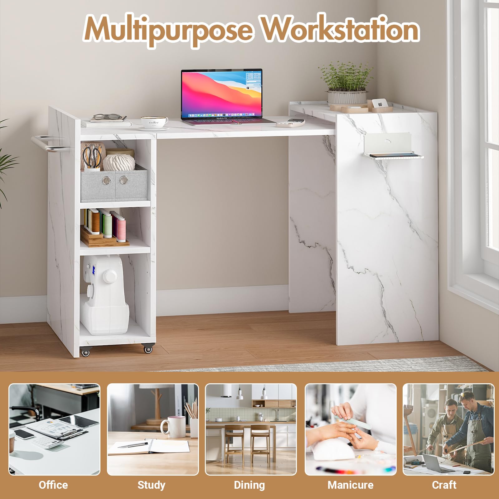 Foldable Manicure Table with Storage Drawer & Adjustable Shelf - Portable Nail Tech Desk for Home Salon, Spa & Professional Use - White Marble Finish Beauty Station for Nail Artists & DIY Enthusiasts - Perfect for Small Spaces & Mobile Services