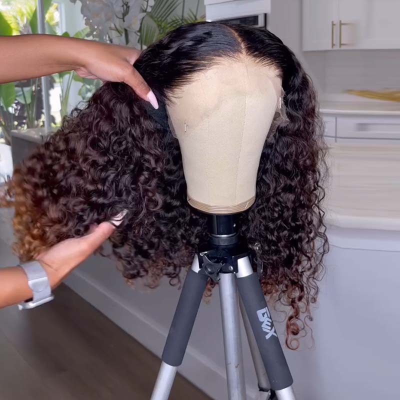 Eullair Fashionable Glueless Ombre Brown to Honey Blonde Curly Lace Front Wig with Dark Roots - 100% Human Hair for Women (EW008) | Perfect for Daily Wear, Parties & Special Occasions
