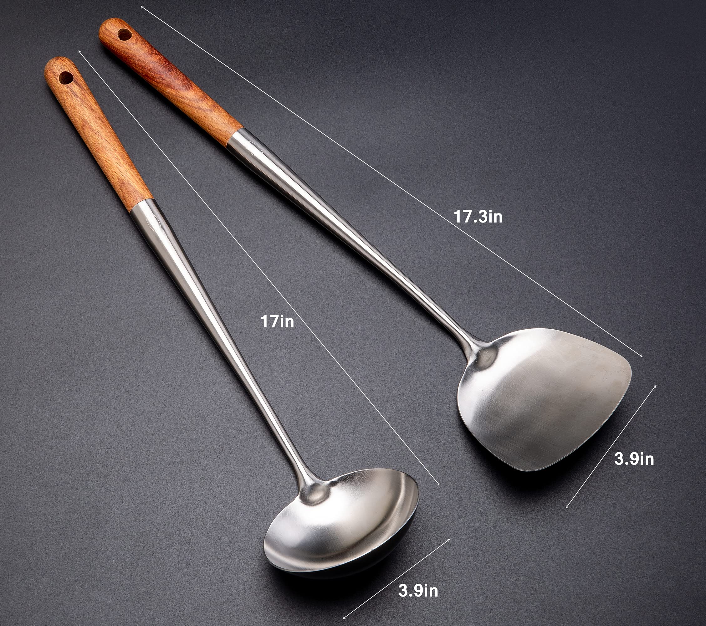 FJNATINH 17-Inch Wok Spatula and Soup Ladle Set - 304 Stainless Steel Cooking Utensils for Stir-Frying, Flipping & Serving - Perfect for Asian Cuisine, Home Kitchen & Restaurant Use