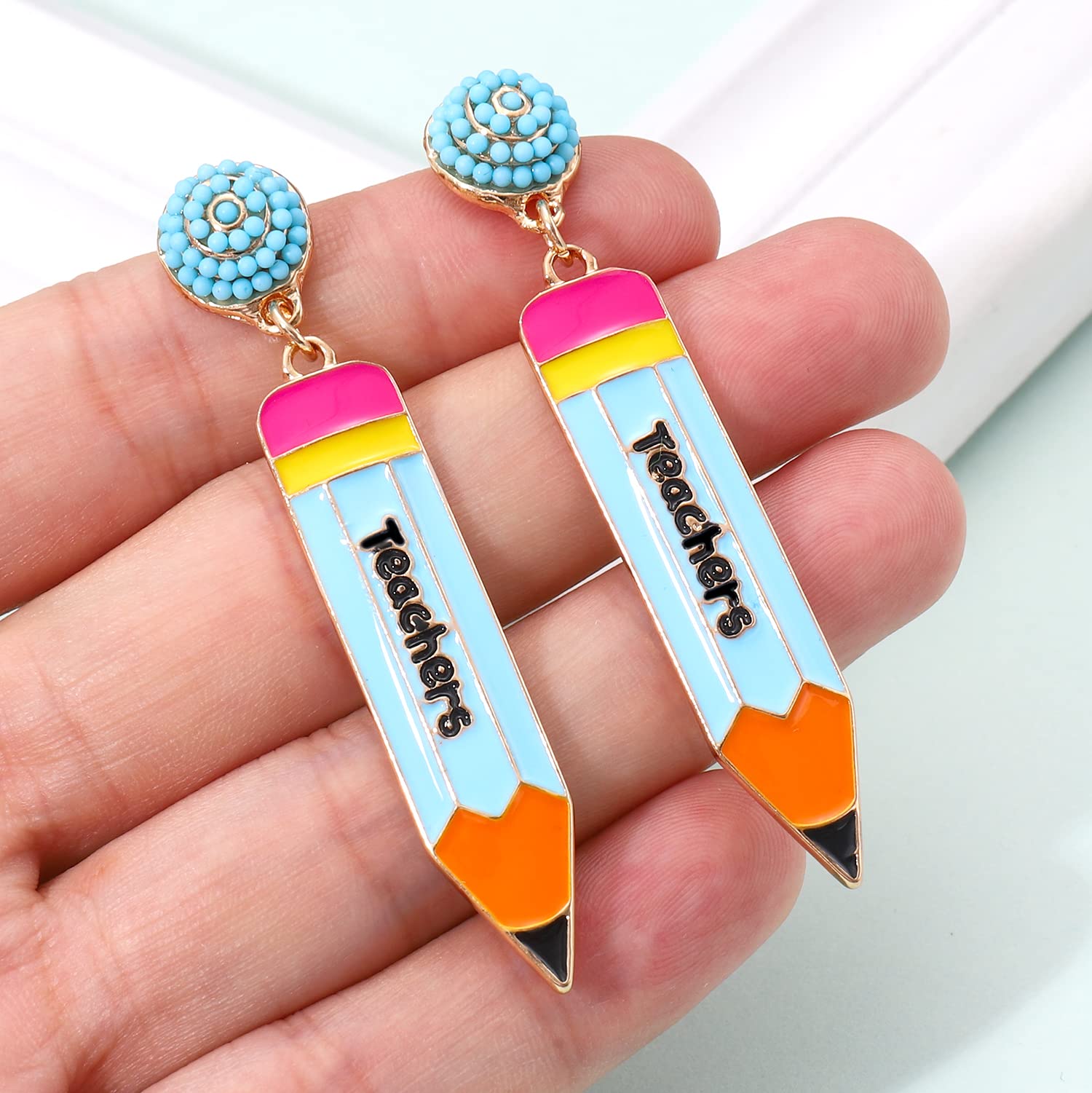 2 Pairs Hypoallergenic Pencil Earrings for Women - Beaded Pearl Teacher Dangle Earrings & Cute Student Stud Drop Earrings - Perfect for Teacher Appreciation Day, Back to School Jewelry Gifts - Great for Classrooms, Graduation Parties & School Events