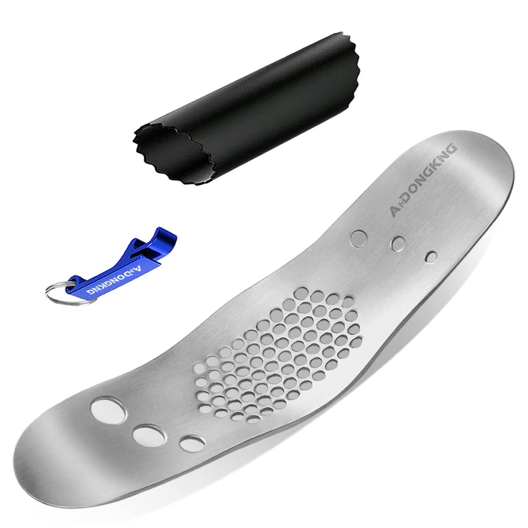 Premium Stainless Steel Garlic Press Rocker & Herb Stripper with Silicone Roller Peeler - Multi-Function Garlic Crusher, Chopper, Mincer & Bottle Opener - Perfect for Cooking, Meal Prep & Kitchen Essentials (Random Color)