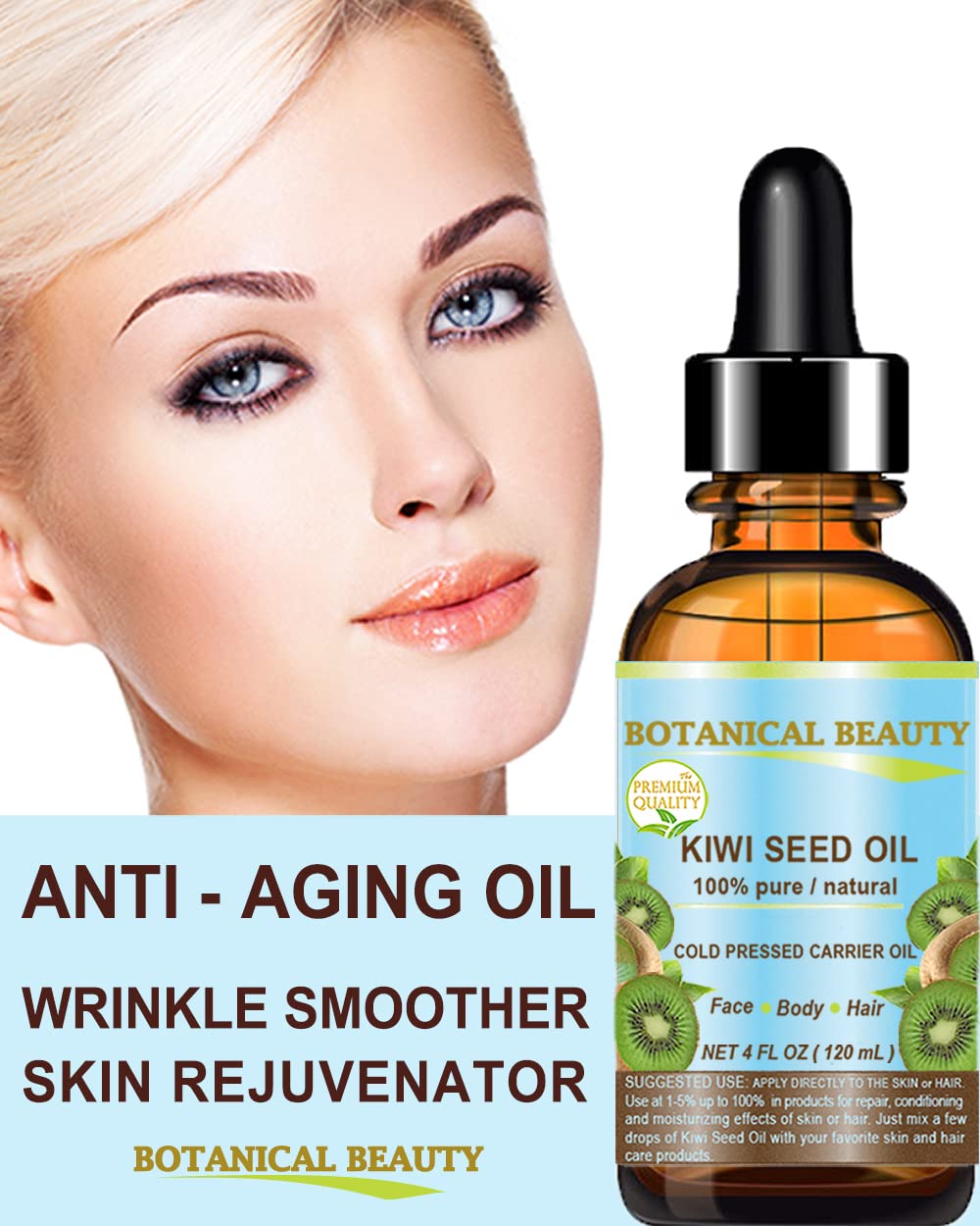 100% Pure Natural Kiwi Seed Oil - Cold Pressed, Undiluted, Virgin Carrier Oil for Face, Skin, Body, Hair & Nail Care (1 Fl.oz / 30ml) - Botanical Beauty Solution for Hydration & Anti-Aging