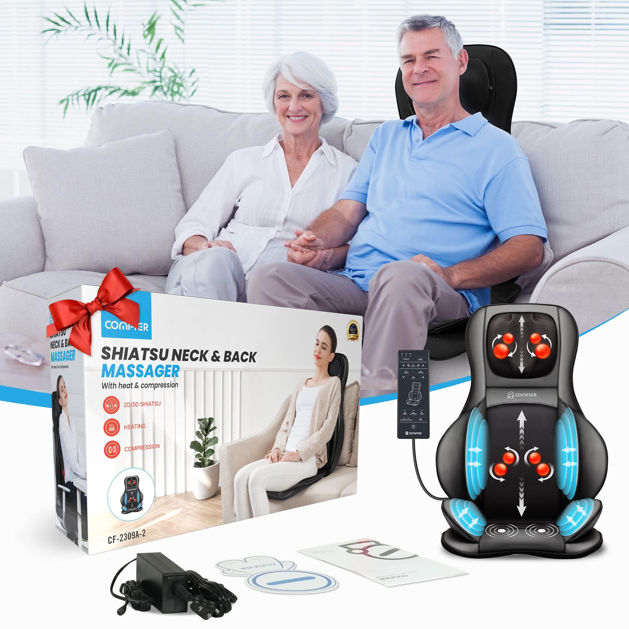 COMFIER Shiatsu Massage Chair Pad with Heat - 2D/3D Kneading & Compression Full Body Massager for Back, Shoulder, Thighs - Perfect Gift for Mom & Dad (Black) - Relieve Stress at Home or Office