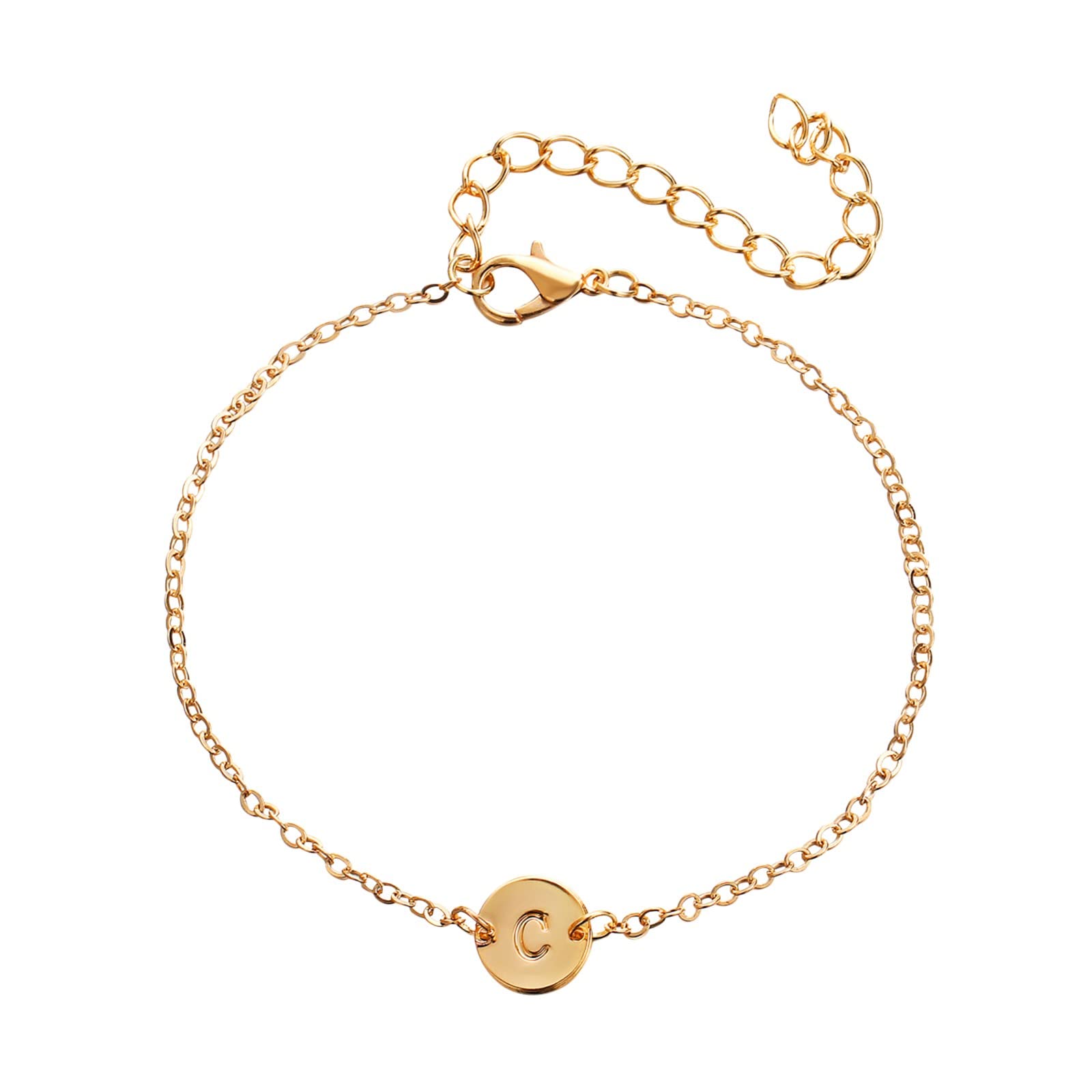 Personalized Initial Bracelet for Women - 18K Gold Plated Stainless Steel Letter Charm Bracelet with Dainty Coin & Disc Nameplate | Elegant Jewelry Gift for Her | Perfect for Birthday, Anniversary & Everyday Wear (Size One, Initial C)
