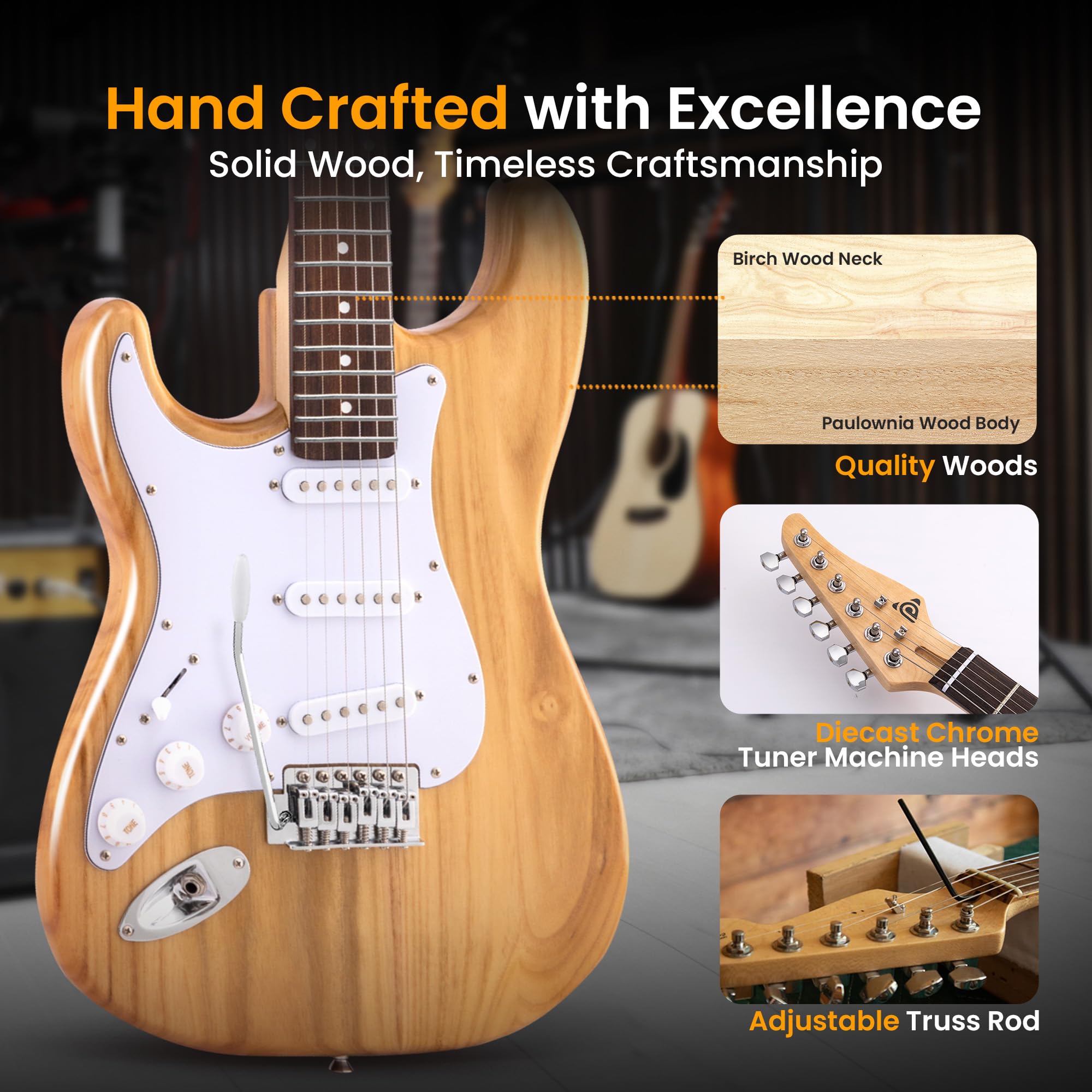 Pyle Full Size Left Handed Electric Guitar Kit with 5W Amp, Gig Bag & Accessories - ST-Style Beginner Guitar Bundle with 22 Frets, Paulownia Wood Body (Natural Finish) - Perfect for Home Practice, Music Lessons & Live Performances