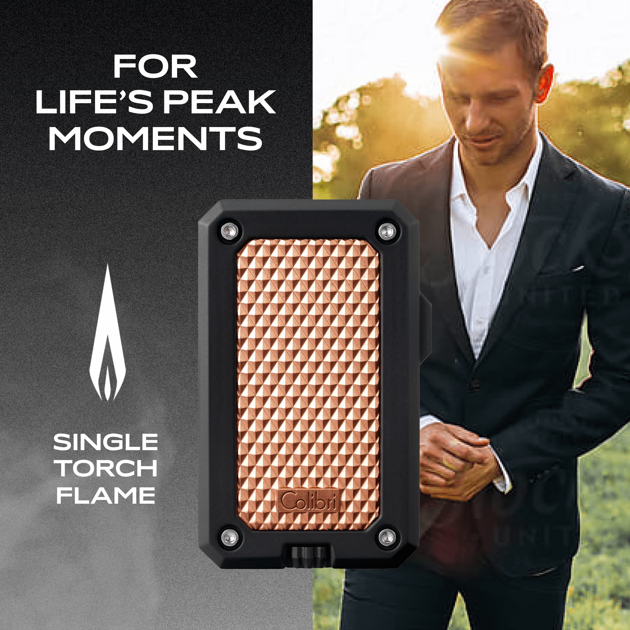 Colibri Rally Single Jet Flame Butane Lighter - Windproof Refillable Cigar Lighter with Blue Fuel Window & Adjustable Flame (Black/Rose) - Perfect for Cigar Smoking, Outdoor Camping & BBQ Use