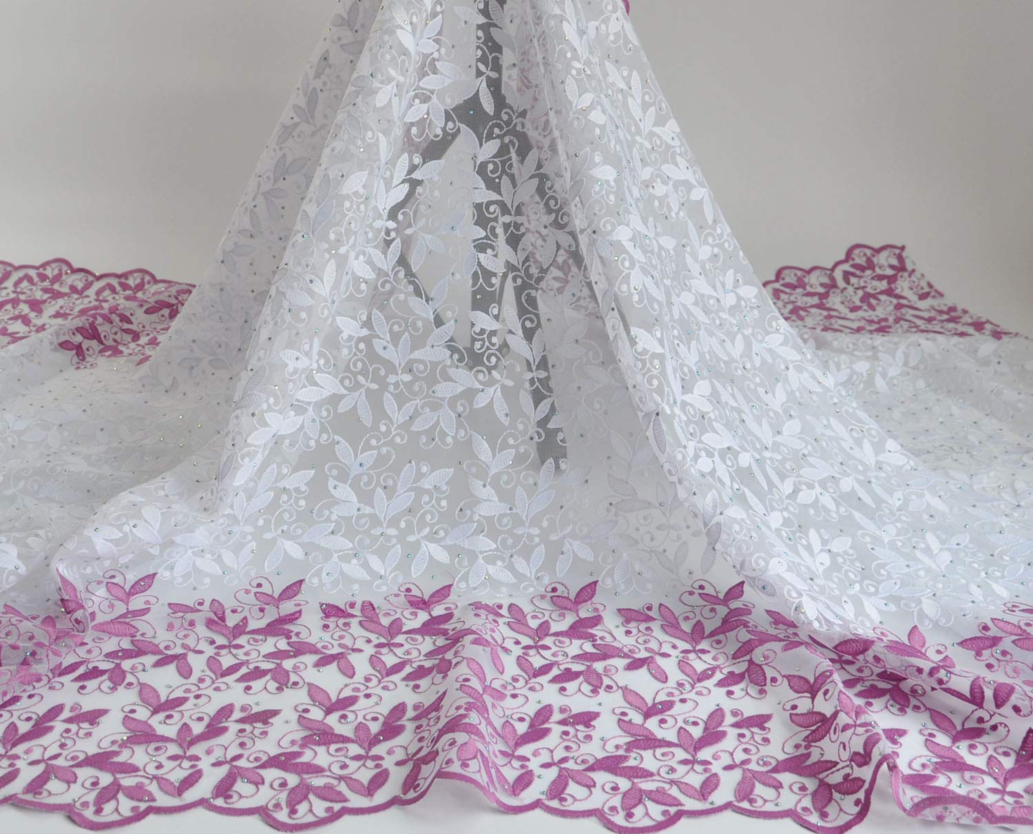SanVera17 Glitter Stone African Lace Fabric - Premium Embroidered Guipure Net Lace for Wedding Dresses & Party Outfits (Light Purple, 5 Yards) - Perfect for Bridal Gowns, Evening Dresses & Special Occasion Attire
