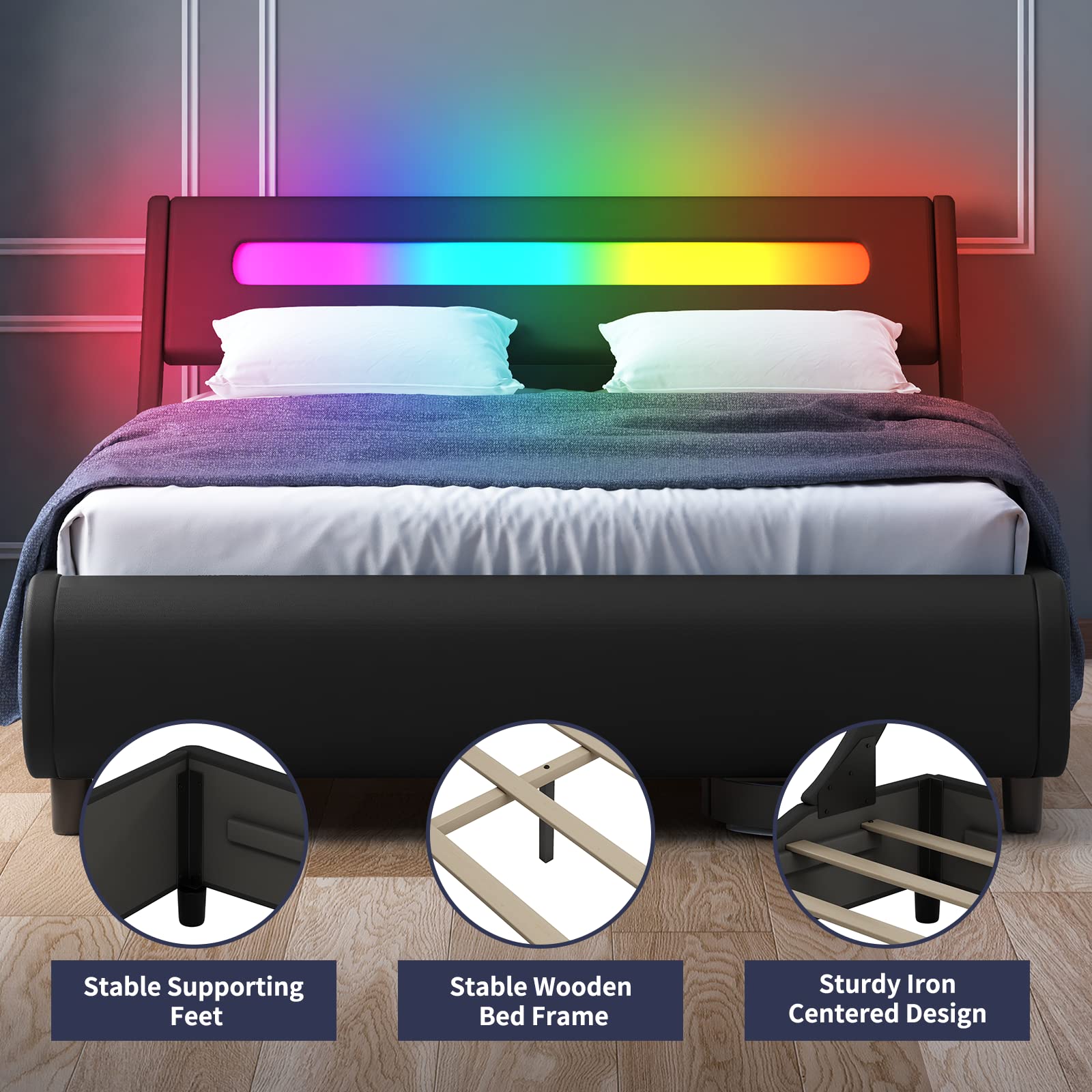 Modern LED Queen Size Bed Frame - Upholstered Platform Bed with PVC Headboard & Wooden Slats Support, No Box Spring Needed - Durable Sleigh Design for Bedroom, Guest Room, or Apartment - Black