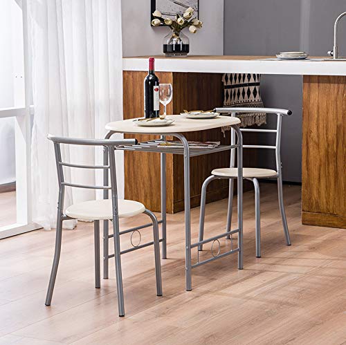 3-Piece Bistro Dining Table Set with 2 Chairs - Compact Breakfast & Kitchen Table with Metal Frame & Storage Shelf (Natural) - Perfect for Small Spaces, Apartments, and Cozy Cafés