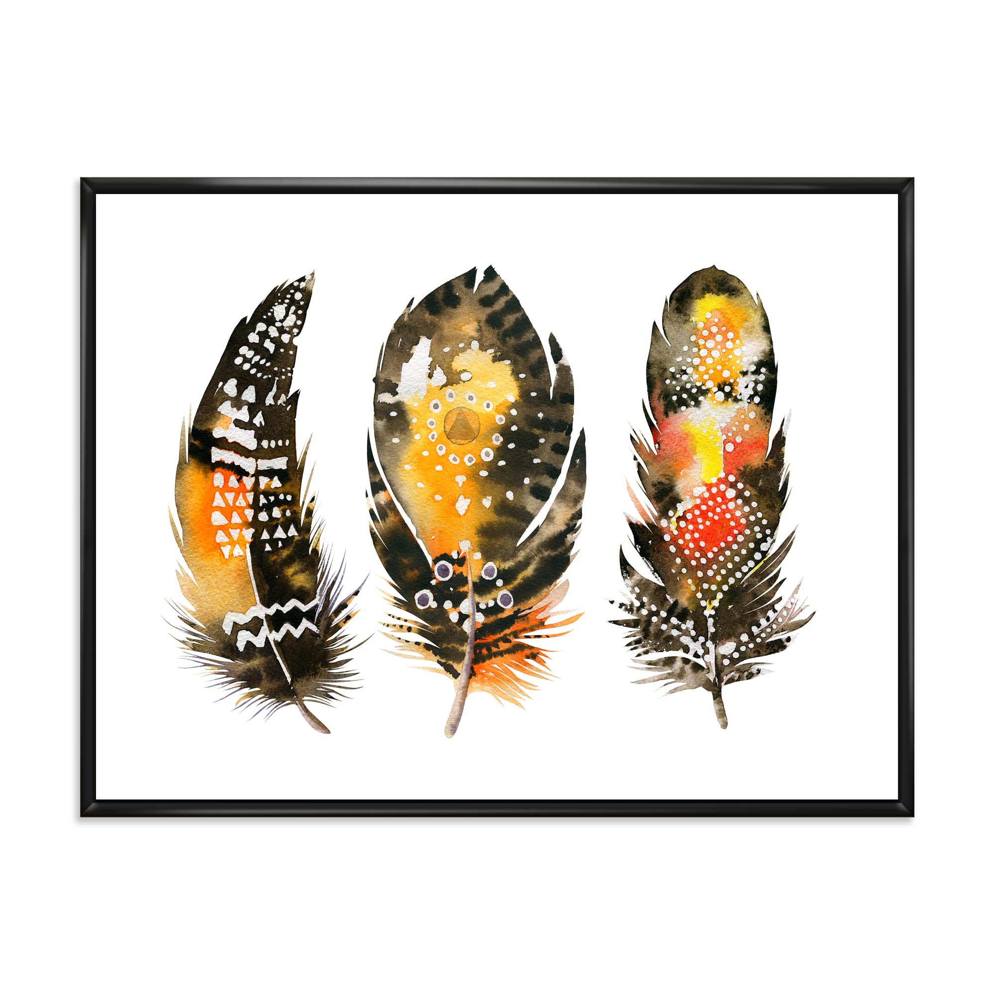 Bohemian Orange Feathers Framed Canvas Wall Art Print - Ethnic Boho Decor for Living Room, Bedroom & Office | Handmade Eclectic Home Decor