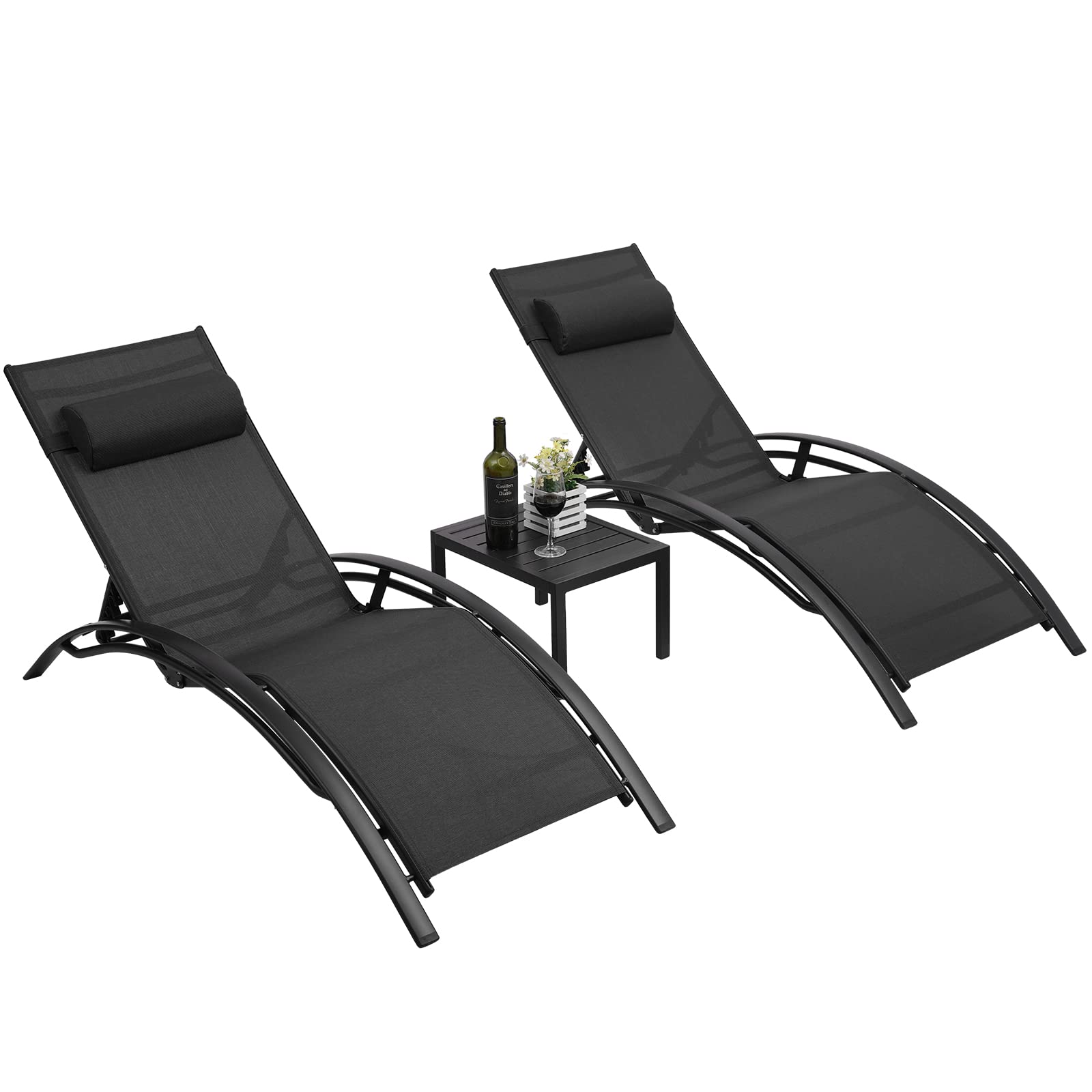 **AthLike 3-Piece Pool Chair Set with Headrest – Adjustable Patio Chaise Lounge for Sunbathing, Tanning – Outdoor Beach & Poolside Recliner Chairs with Side Table (Black) – Perfect for Backyard, Resort & Vacation Relaxation**