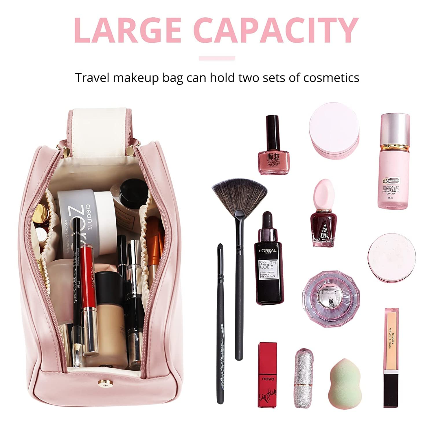 Deoxys Large Capacity Waterproof Leather Makeup Bag with Handle - Travel Cosmetic Organizer for Women & Girls - Perfect for Airplane Carry-on, Gym Essentials & Weekend Getaways