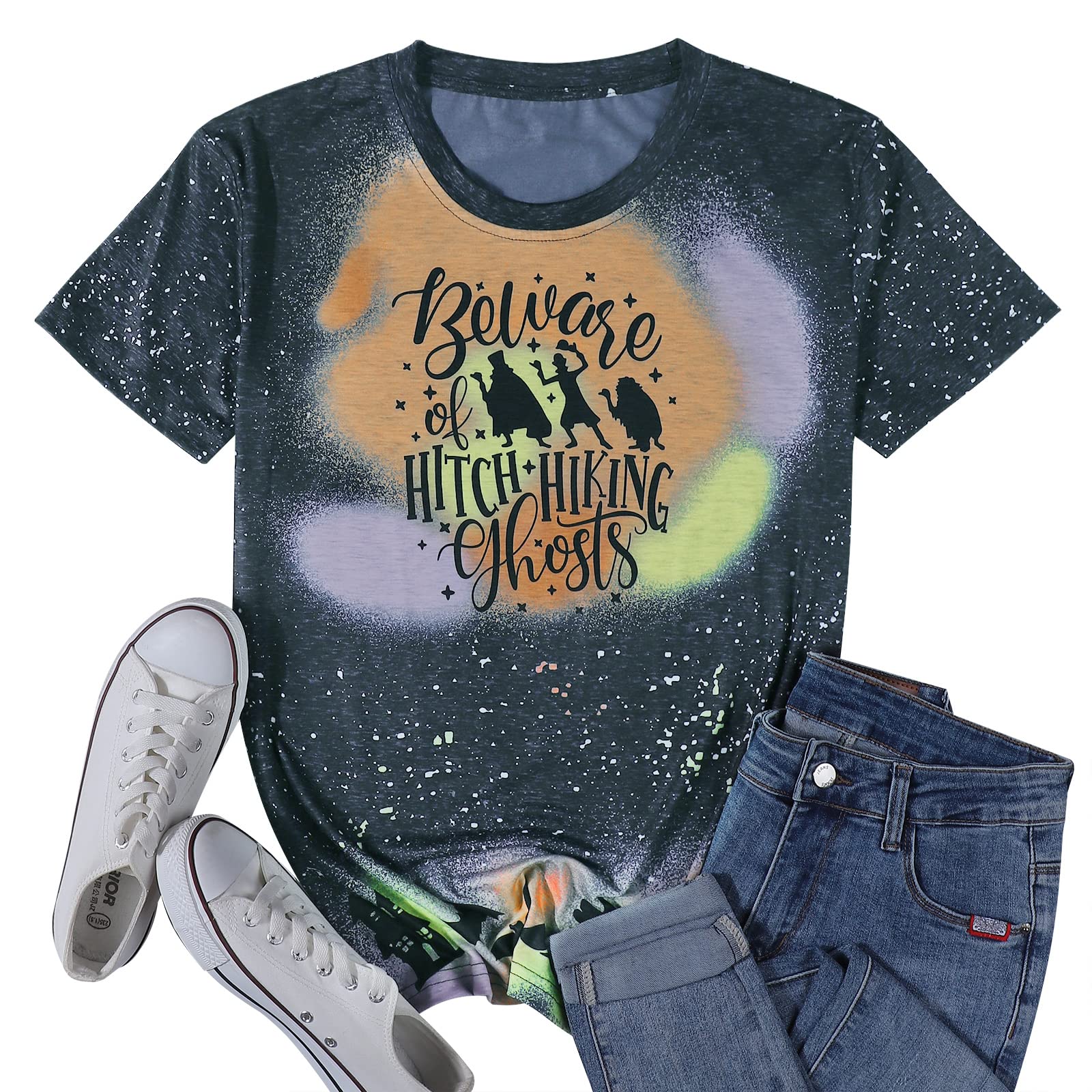 Funny Beware of Hitch Hiking Ghost T-Shirt for Women - Haunted Halloween Short Sleeve Tee - Perfect for Costume Parties & Spooky Events