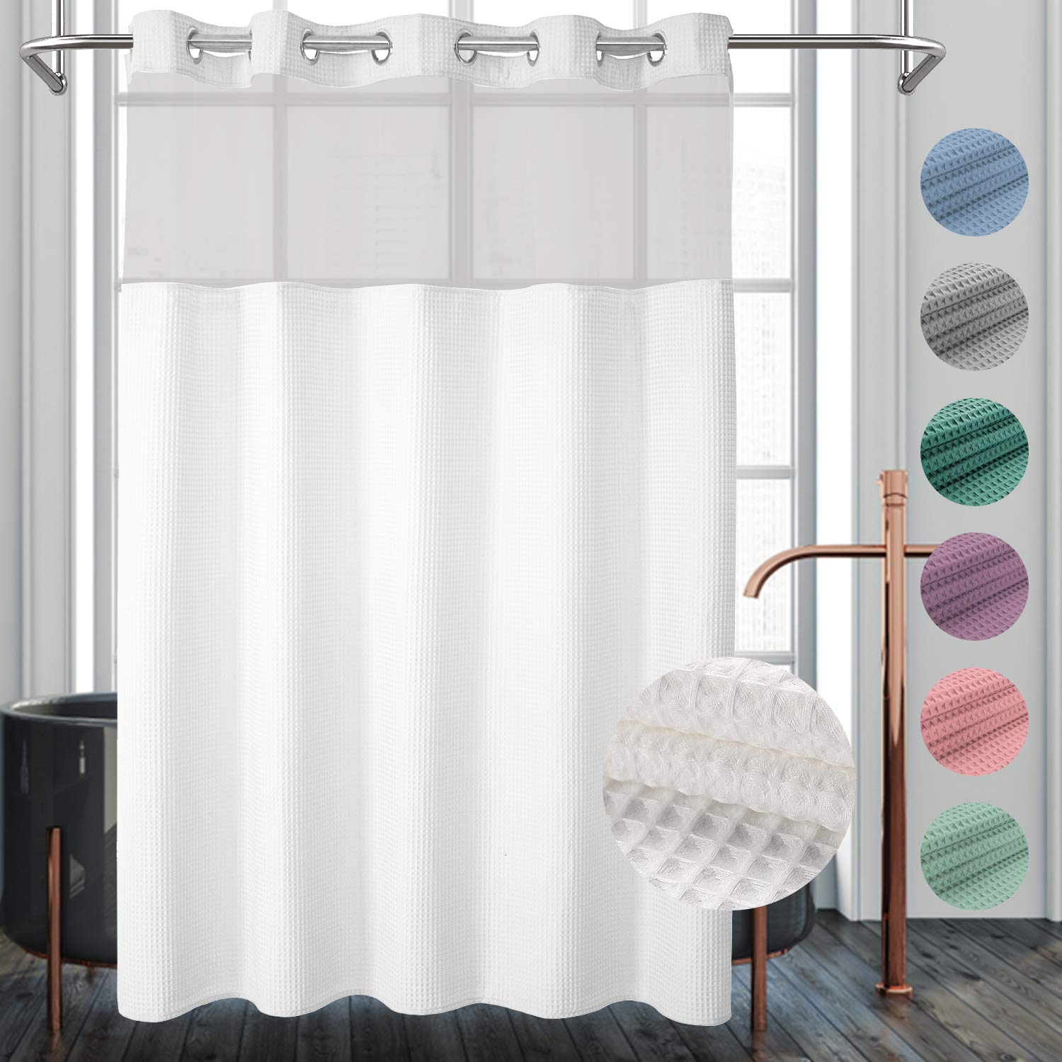 Premium White Cotton Blend Waffle Weave Shower Curtain Set with Snap-in Replacement Liner - 71 x 74 Inches - Elegant Bathroom Decor for Modern & Farmhouse Style Homes