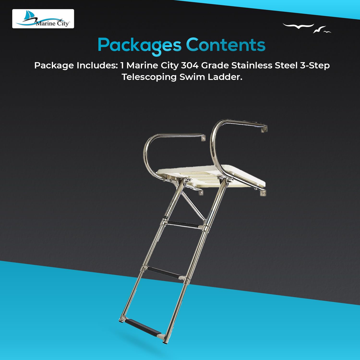 **MARINE CITY 304 Stainless Steel 3-Step Telescoping Boat Ladder for Inboard/Outboard Swim Platforms – Electro-Polished Rails with Anti-Slip Steps – Ideal for Boats, Ships & Marine Use**    *(Perfect for Easy Boarding, Water Sports & Safe Swimming Access on Boats & Yachts)*