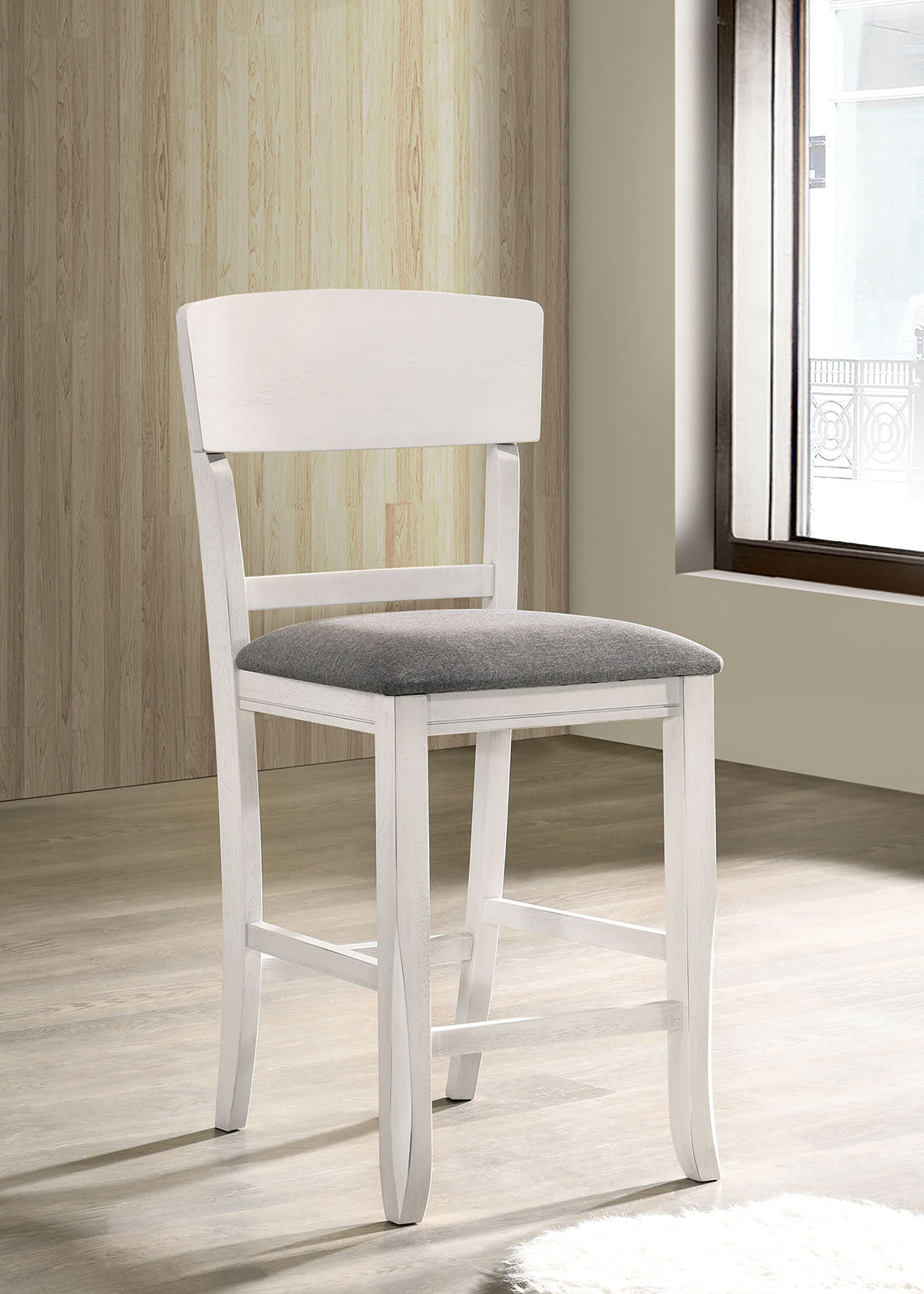 Modern Counter Height Dining Chairs Set of 2 - White Solid Wood with Gray Padded Fabric Seat - Perfect for Kitchen Islands, Breakfast Nooks & Small Space Dining Areas