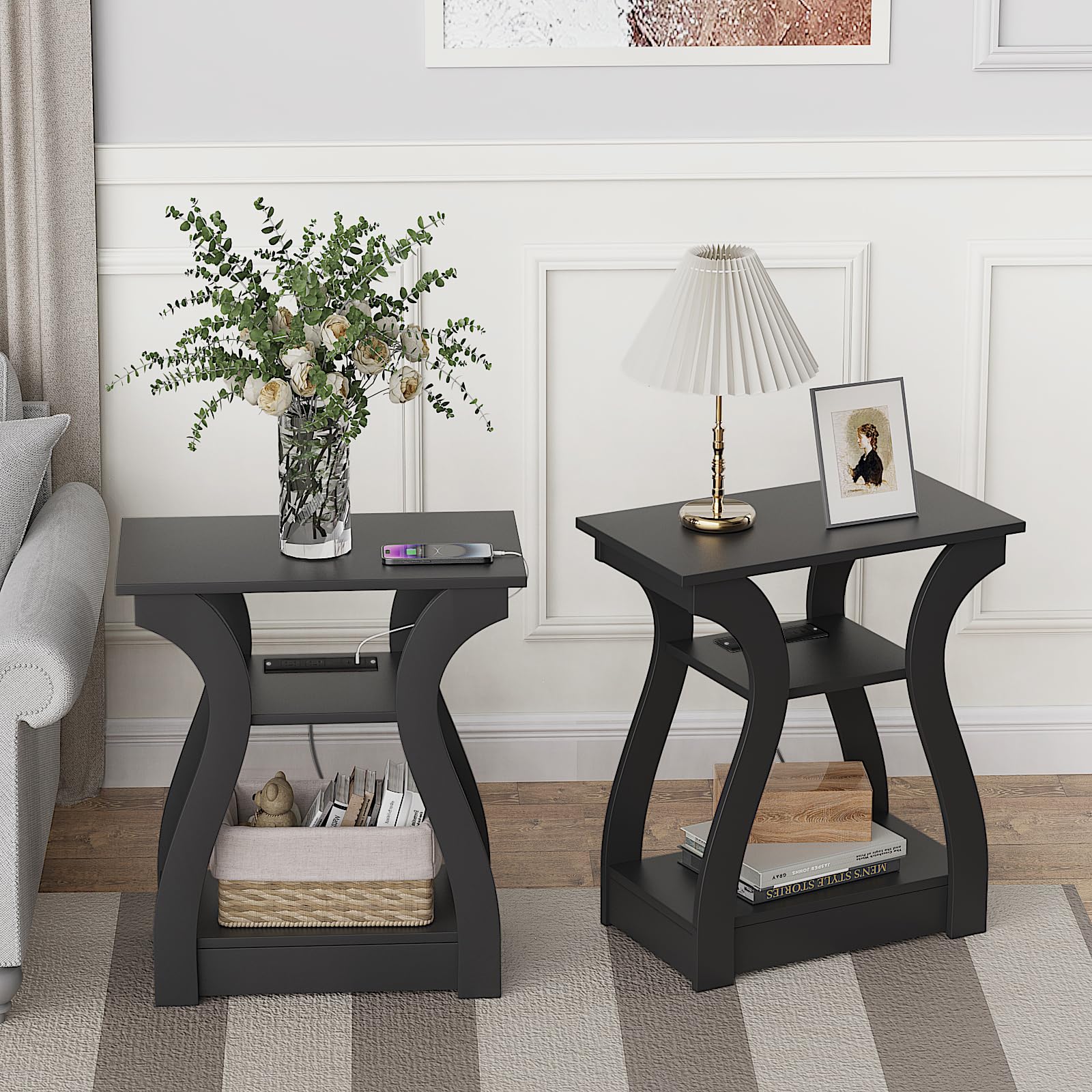2-Piece End Table Set with Charging Station - USB Ports & Outlets, 3-Tier Nightstand with Storage Shelf for Living Room & Bedroom (Black) - Perfect for Small Spaces, Apartments, and Modern Home Decor