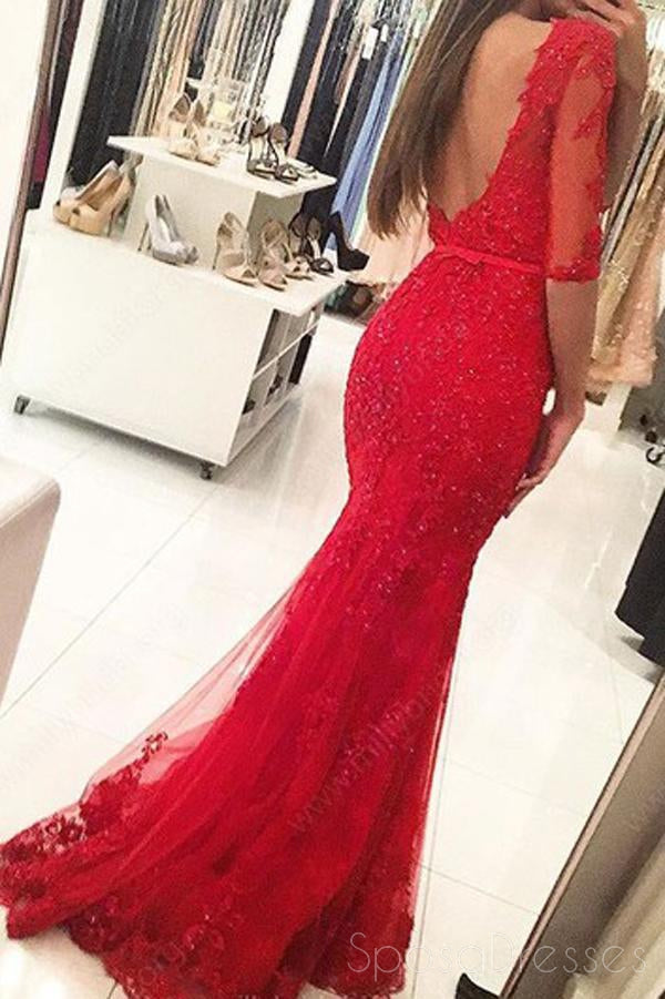 Elegant Long Sleeve Backless High Neck Red Mermaid Lace Evening Gown for Prom, Wedding & Formal Events - Perfect for Special Occasions and Red Carpet Dresses