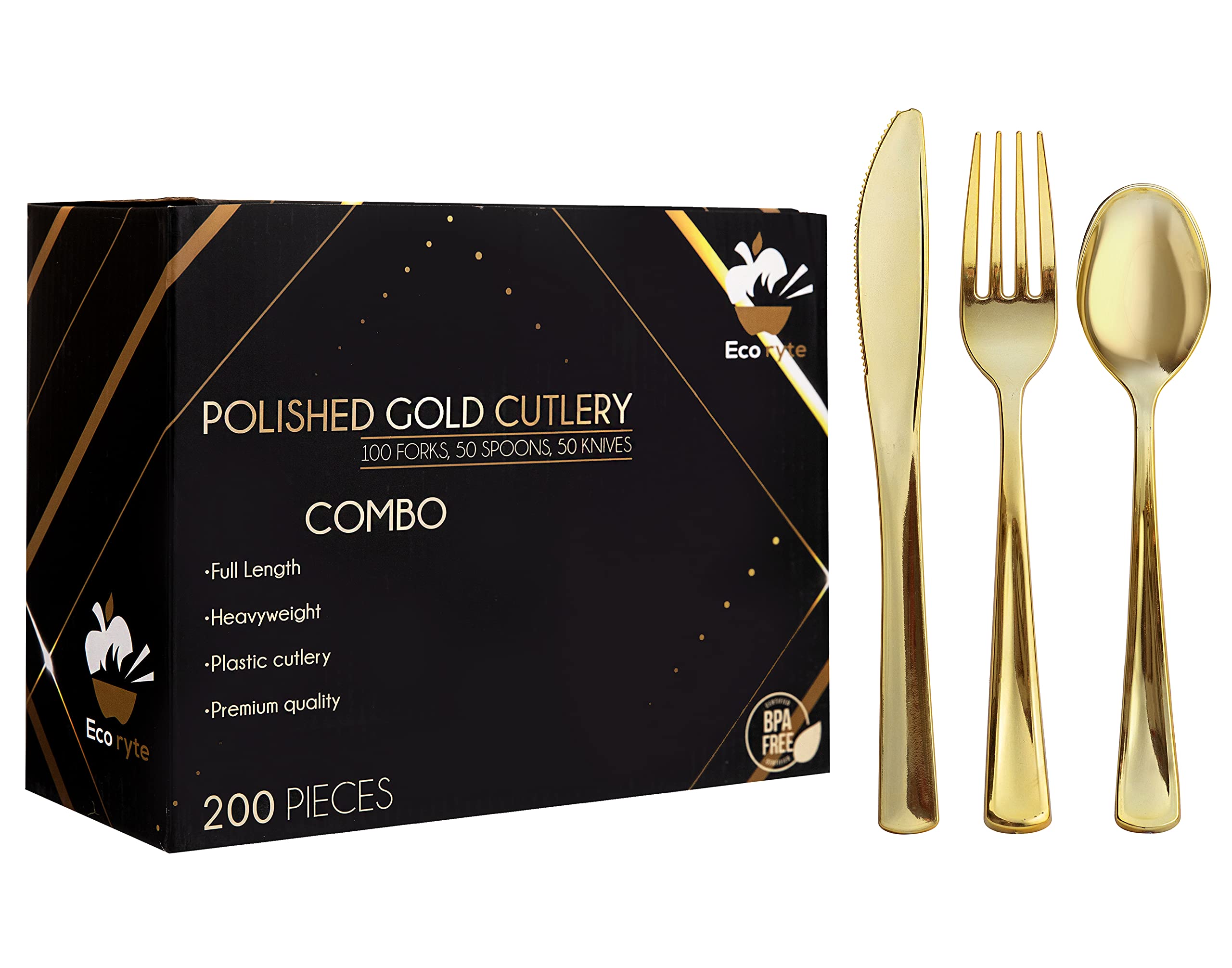 200-Piece Premium Heavy-Duty Gold Plastic Cutlery Set - 100 Forks, 50 Spoons & 50 Knives - BPA-Free Disposable & Reusable Utensils for Parties, Picnics, Weddings & Catering Events (Gold)
