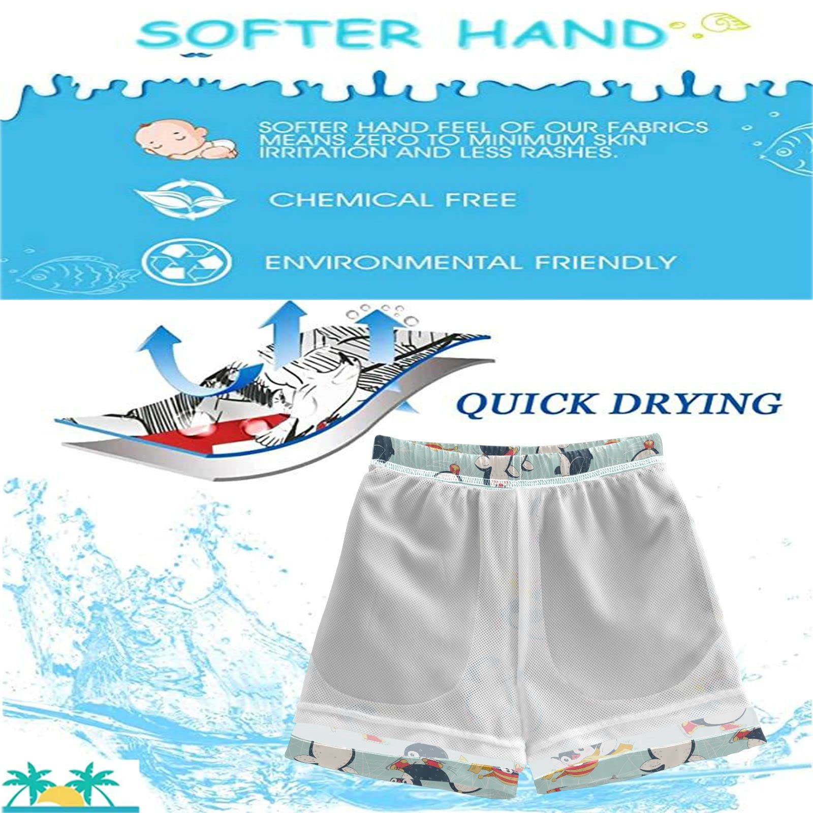 Visesunny Cute Penguin Boys Swim Trunks - Quick Dry Kids Board Shorts for Toddlers & Boys - Funny Bathing Suits for Beach, Pool & Summer Water Play