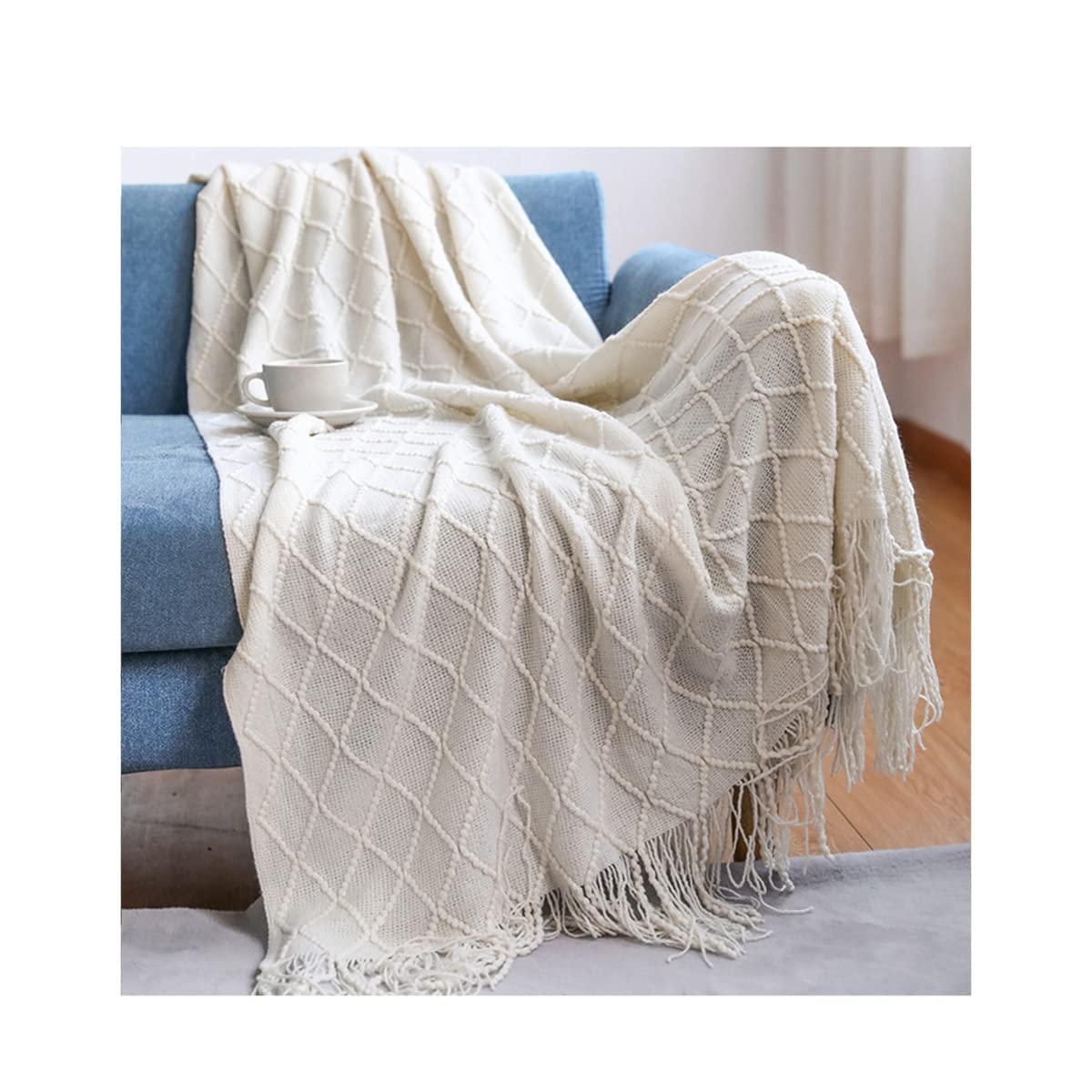 Handmade Knit Throw Blanket - Soft Cozy Baby & Adult Blanket for Bedroom, Sofa, Nursery - Boho Tassel Shawl for Home Décor, Snuggle & Relaxation - Perfect for Cuddling, Lounging & Gift Giving