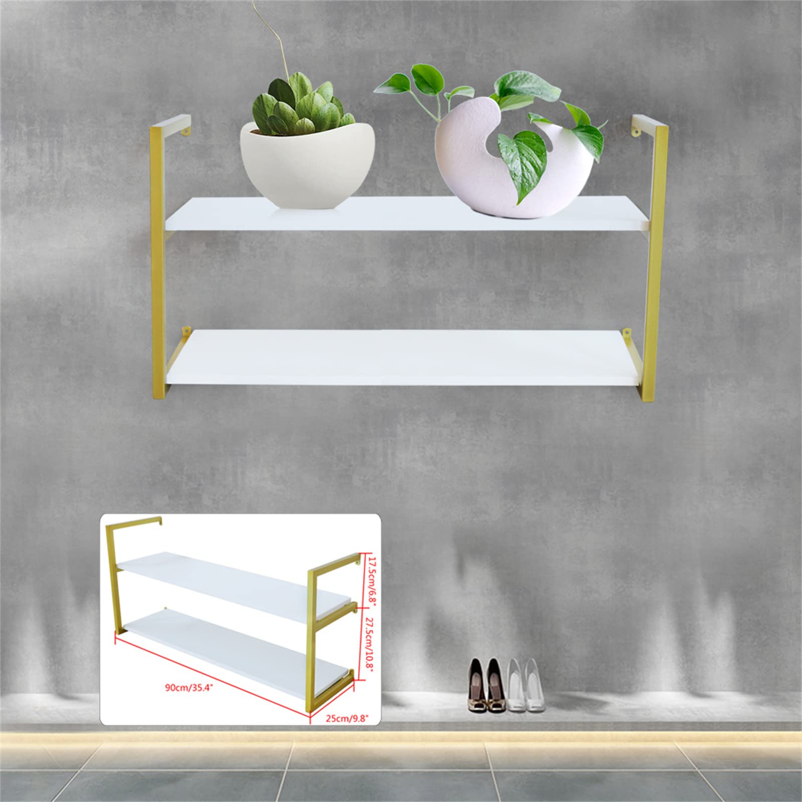 Eapmic 2-Tier 36 Inch Floating Wall Shelves - Rustic Wood Wall Mounted Storage Shelves with Metal Brackets for Living Room, Office, Bedroom - DIY Bookshelf Decor for Home & Office Organization (Gold)