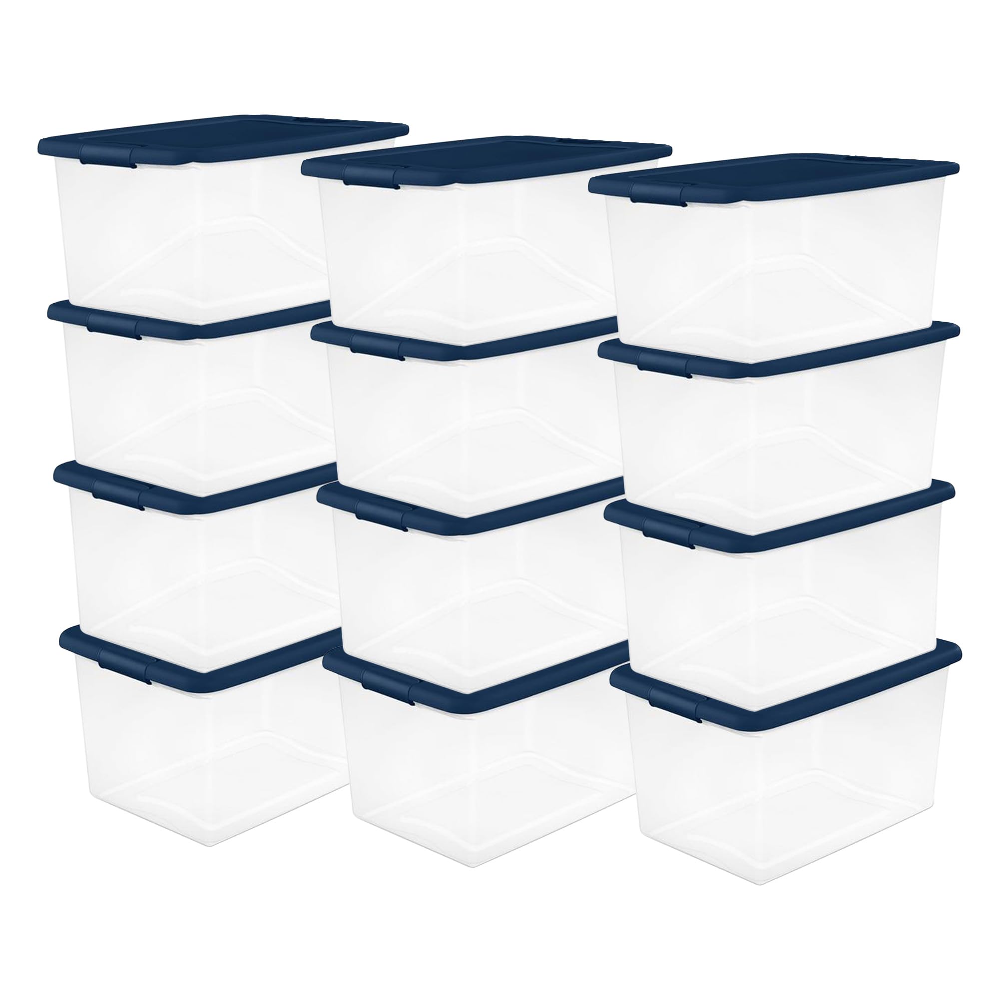 Sterilite 12-Pack 64 Qt Clear Plastic Storage Bins with Lids - Large Stackable Organizer Containers in Blue for Home, Office & Garage Organization
