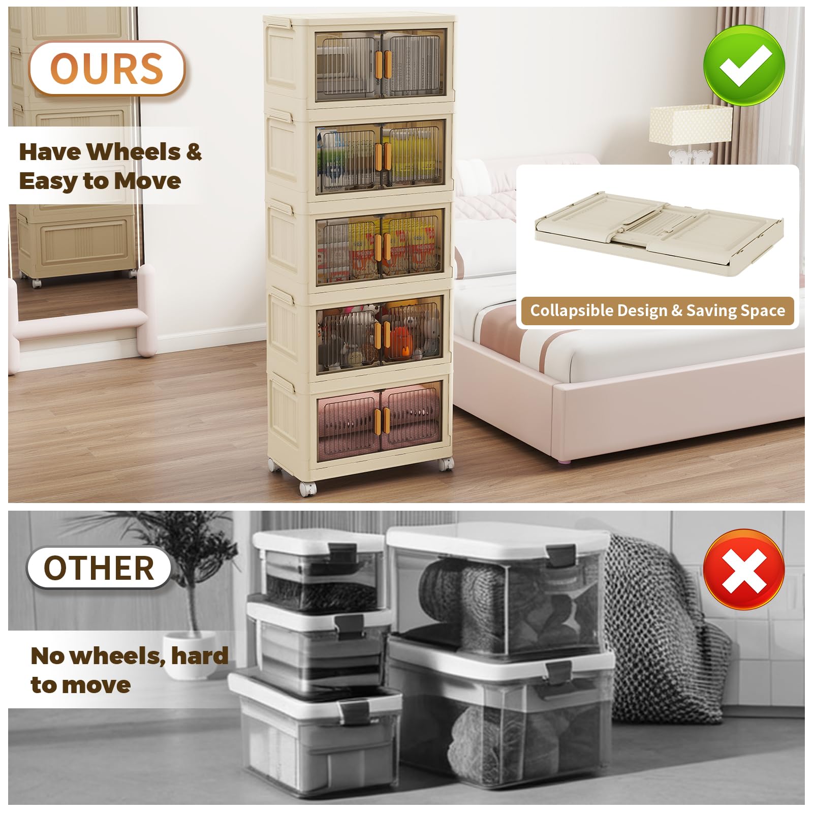 5-Tier Stackable Plastic Storage Bins with Lids - 58QT Collapsible Closet Organizers with Wheels, Foldable Storage Boxes for Bedroom, Living Room, Office & Dorm - Space-Saving Home Organization Solution for Clothes, Toys & Seasonal Items