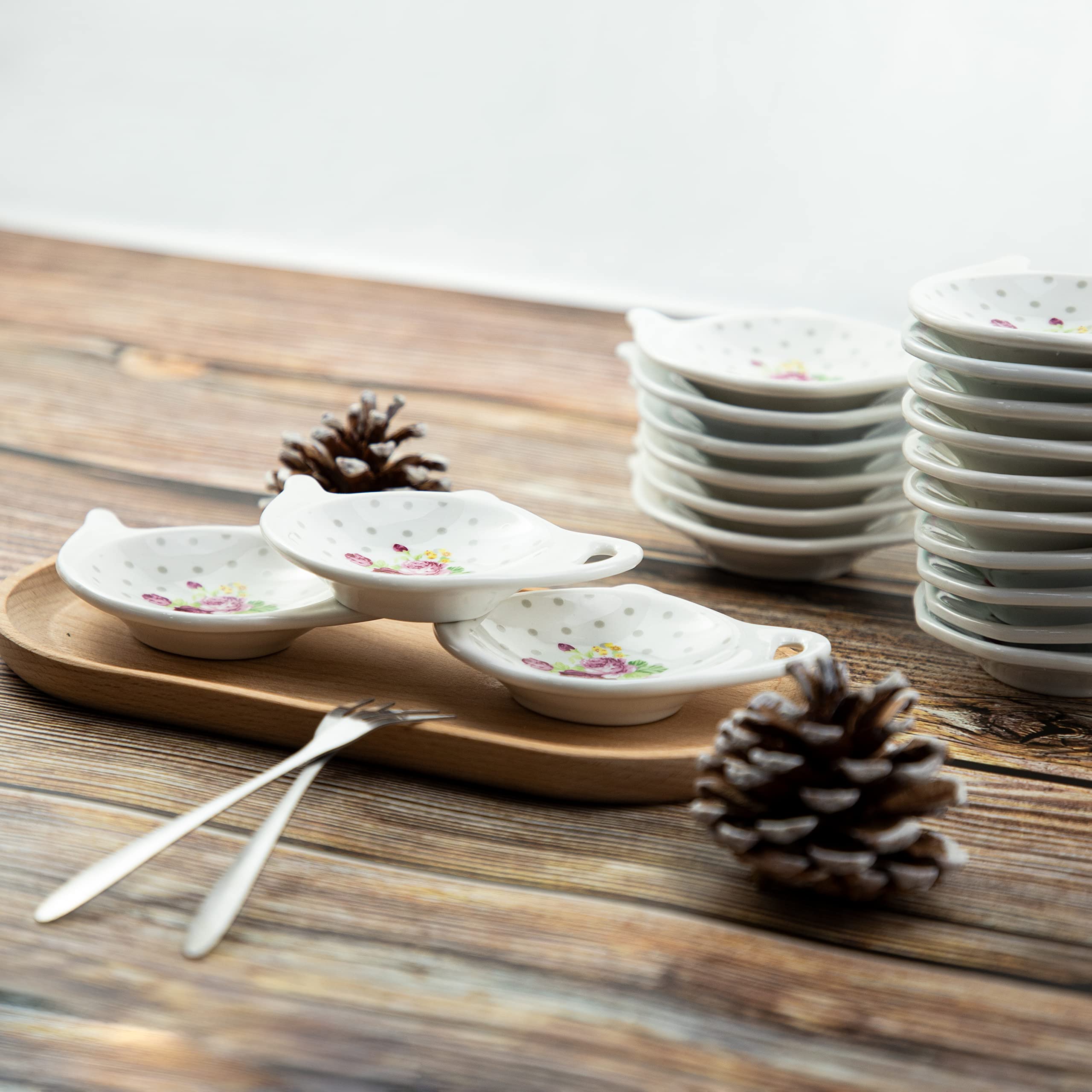 Polka Dot Floral Tea Bag Holder - Porcelain Teapot-Shaped Coaster & Saucer Set (4 Inch/10cm, 5-Piece) - Perfect for Tea Parties, Kitchen Decor, and Gift Giving