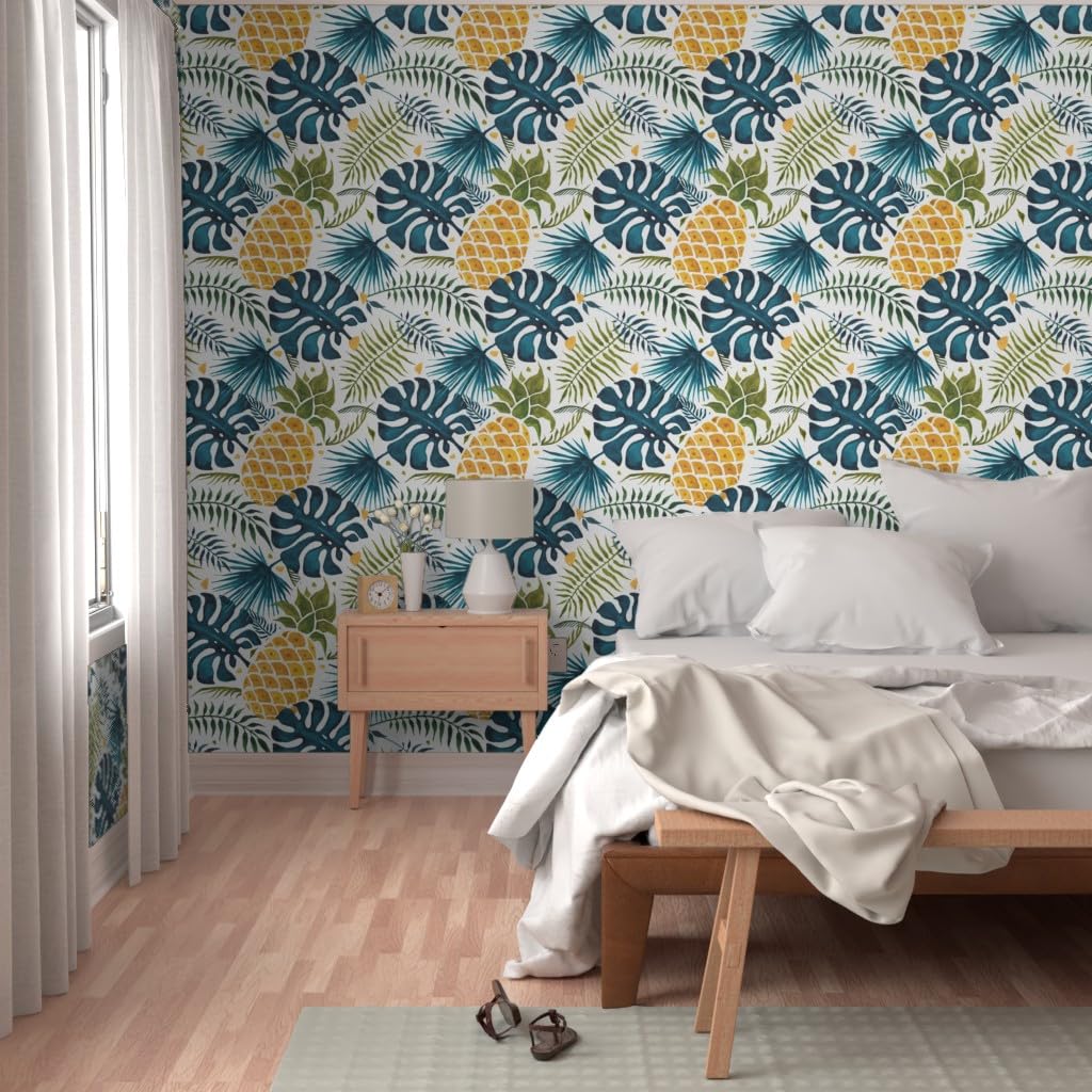 Removable Wallpaper Swatch - Tropical Pineapple Blue Yellow Leaves Design | Pre-Pasted Peel & Stick Wallpaper for Kitchen, Bathroom, Nursery | Spoonflower Custom Summer Fruit Decor