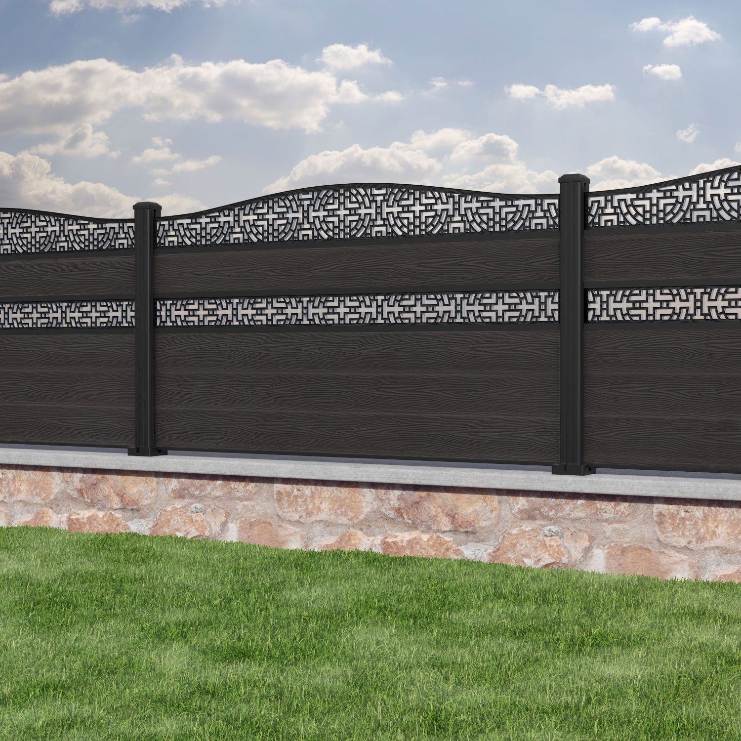 Classic Kumo Curved Top Split Screen Fence Panel - Dark Oak Finish with Aluminum Posts | Privacy Fencing for Backyard, Garden & Patio