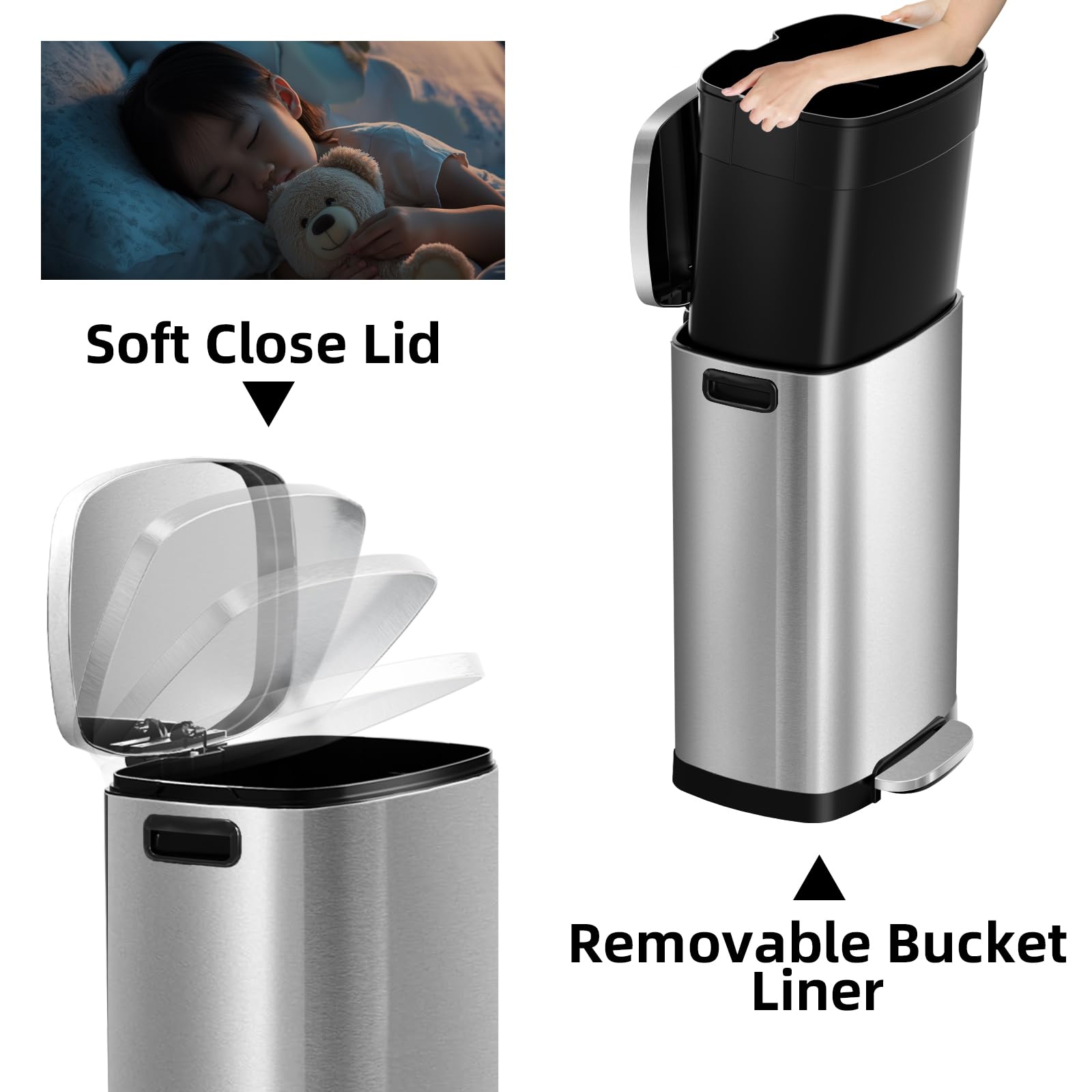 13 Gallon Stainless Steel Trash Can with Lid - 50L Fingerprint Proof Kitchen Garbage Bin, Removable Inner Bucket & Soft Close Pedal - Ideal for Home, Office & Restaurant Use