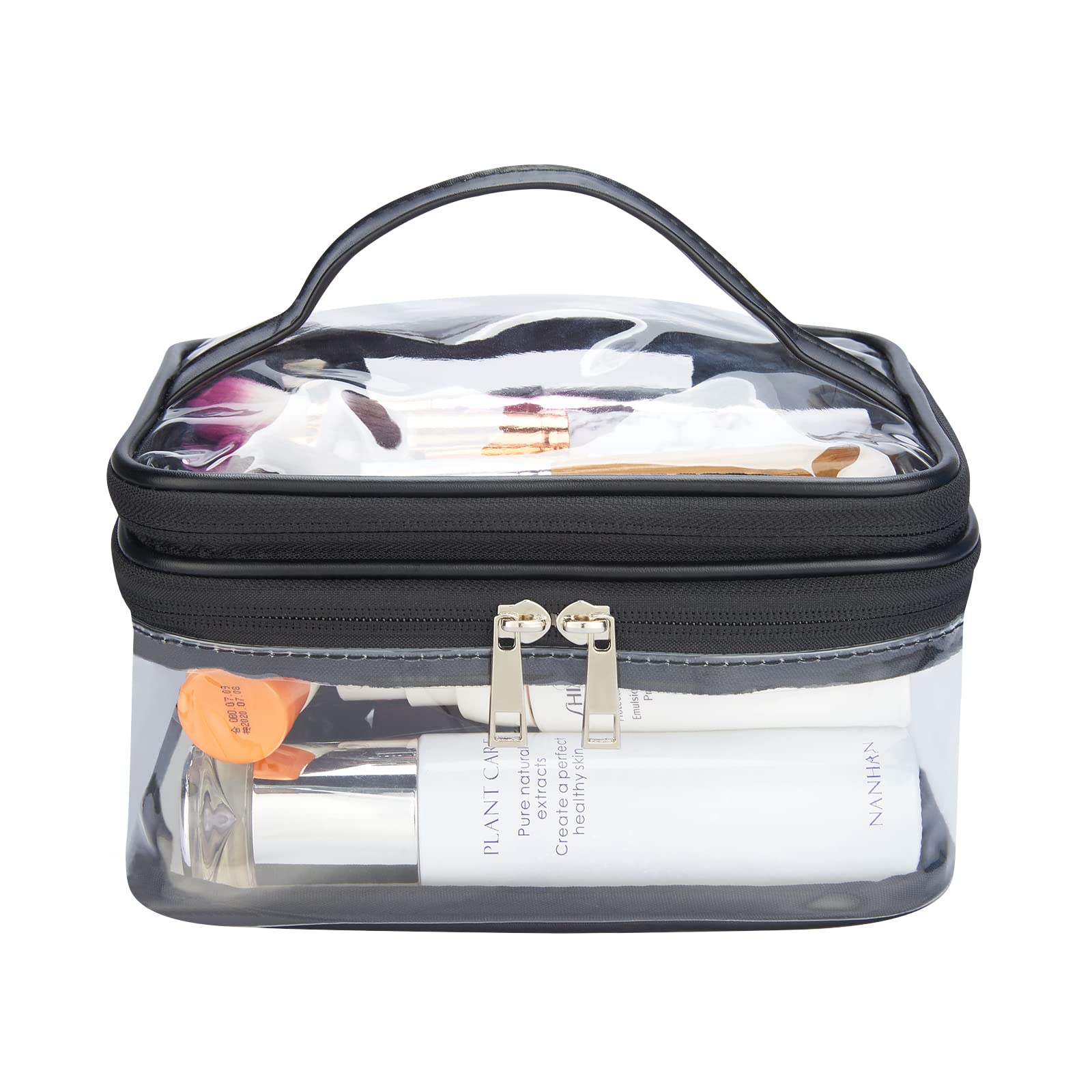 Double Layer Clear Cosmetic Bag - Waterproof Travel Makeup Organizer | Transparent PVC Toiletry Pouch for Hair & Nail Accessories | Perfect for Beach, Gym, Travel & Daily Storage (Black)