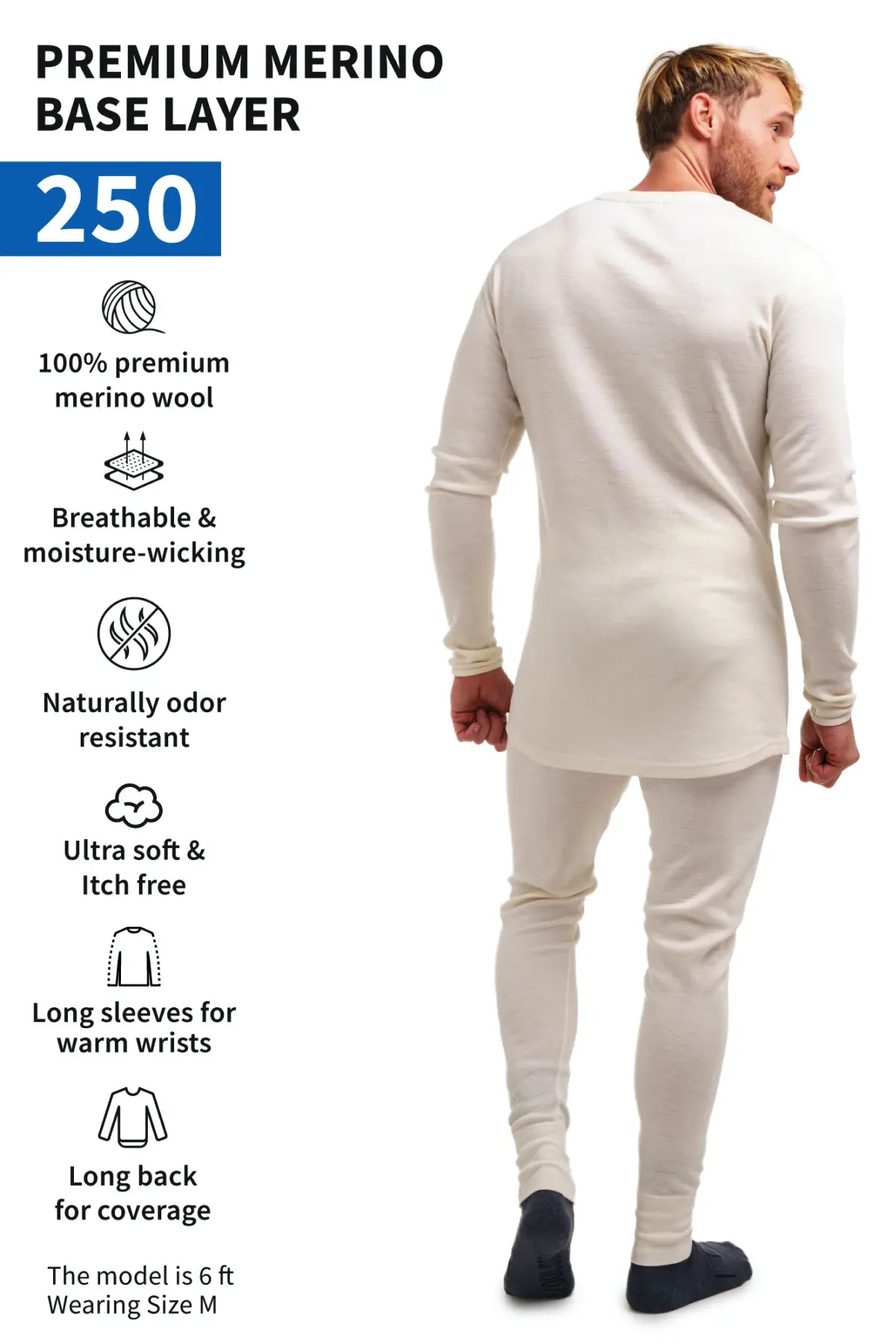 Men's 250 Natural Merino Wool Thermal Underwear Set - Warm Winter Base Layer for Skiing, Hiking & Outdoor Activities