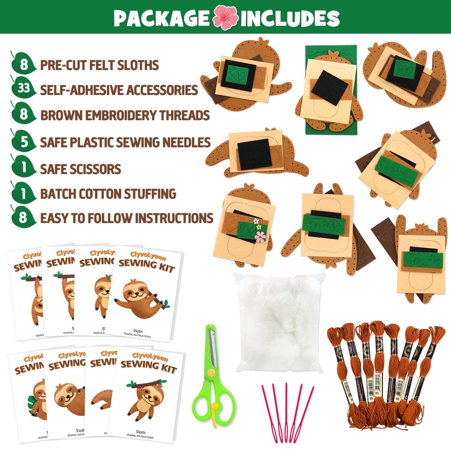 CiyvoLyeen Sloth Sewing Craft Kit - Jungle Animal DIY Sewing Kit for Kids Ages 8-12 - Educational Handmade Craft Projects with 8 Fun Designs - Perfect for Birthday Gifts & After School Activities