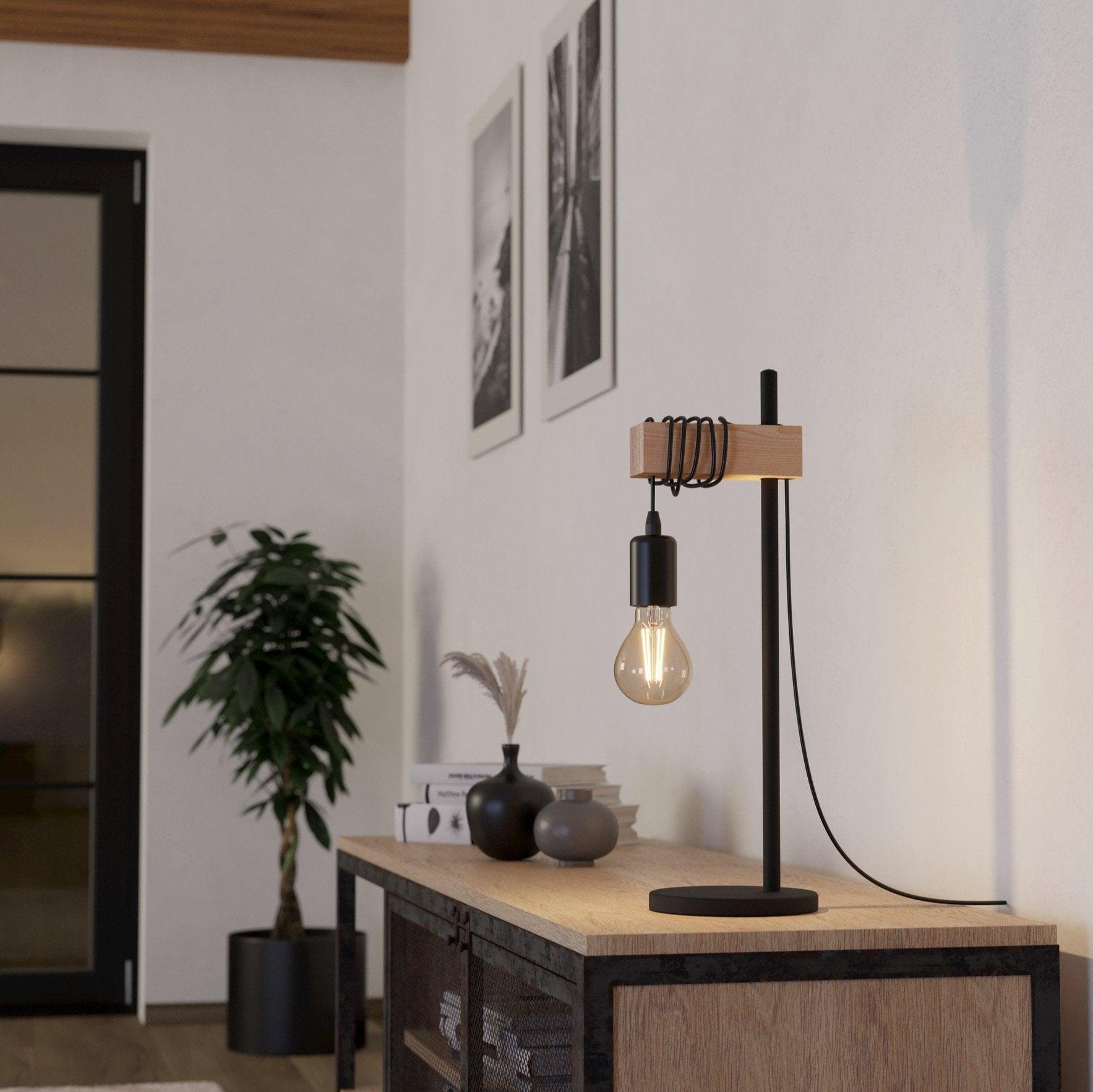 Eglo Townshend Modern Black Metal & Wood Table Lamp - Stylish Home & Office Lighting for Living Room, Bedroom, or Study Desk