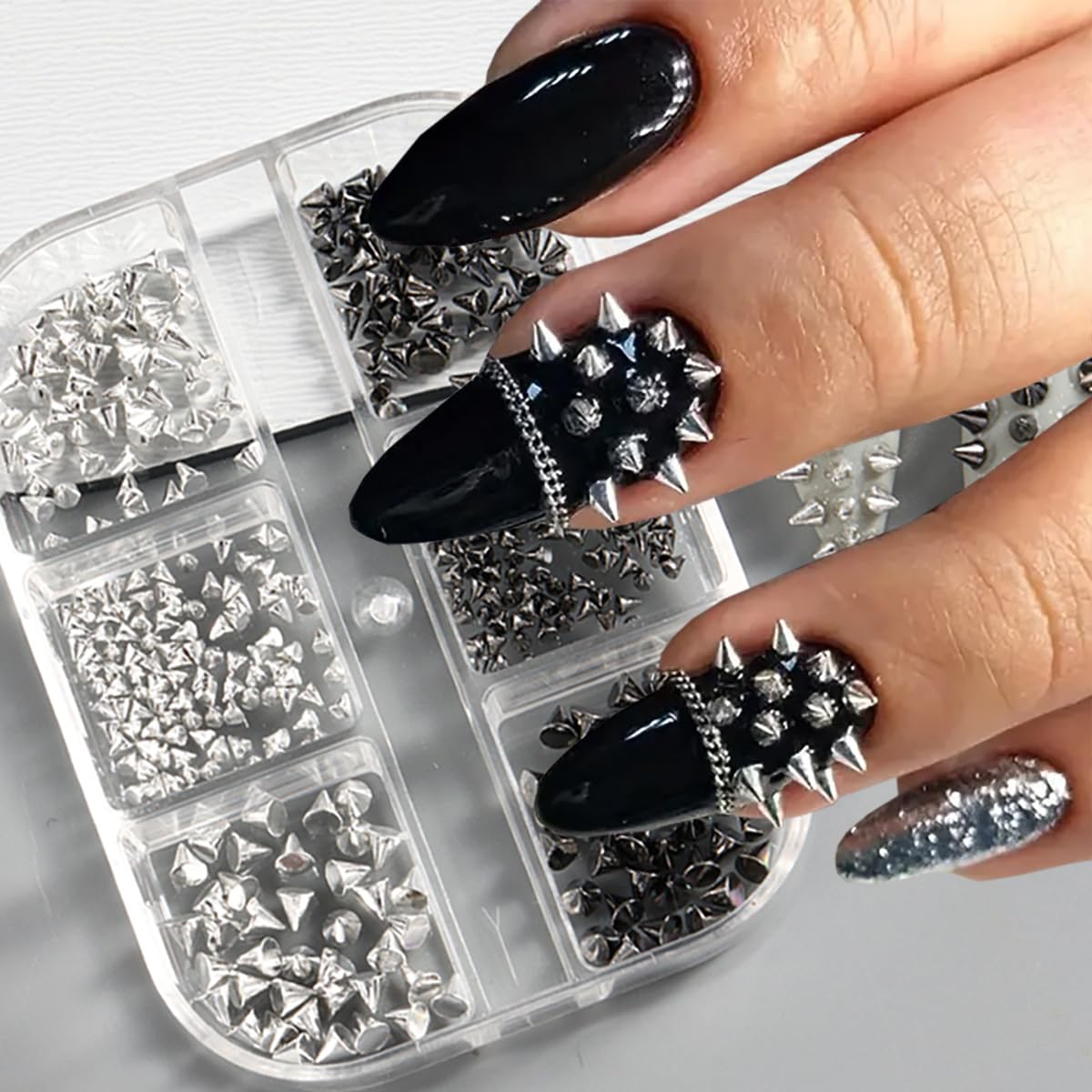 Shiny Alloy Nail Charms - Black & Silver Mixed Nail Rhinestones for Acrylic Nails | Mini Nail Art Studs & Gems for DIY Nail Decoration | Perfect for Women's Nail Art, Manicures, and Party Nail Accessories